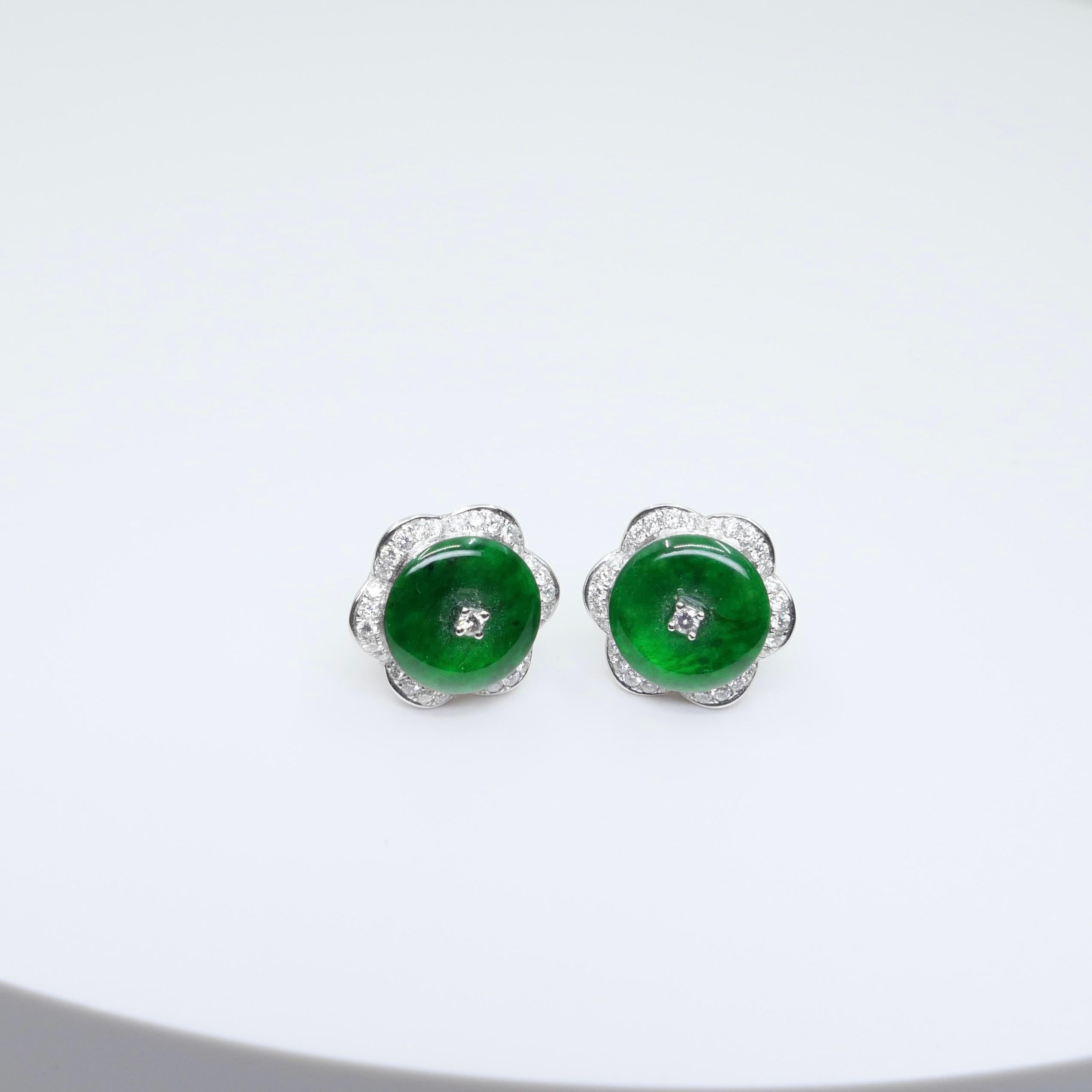 Certified Natural Type A Jadeite Jade And Diamond Earrings. Apple Green Color 3
