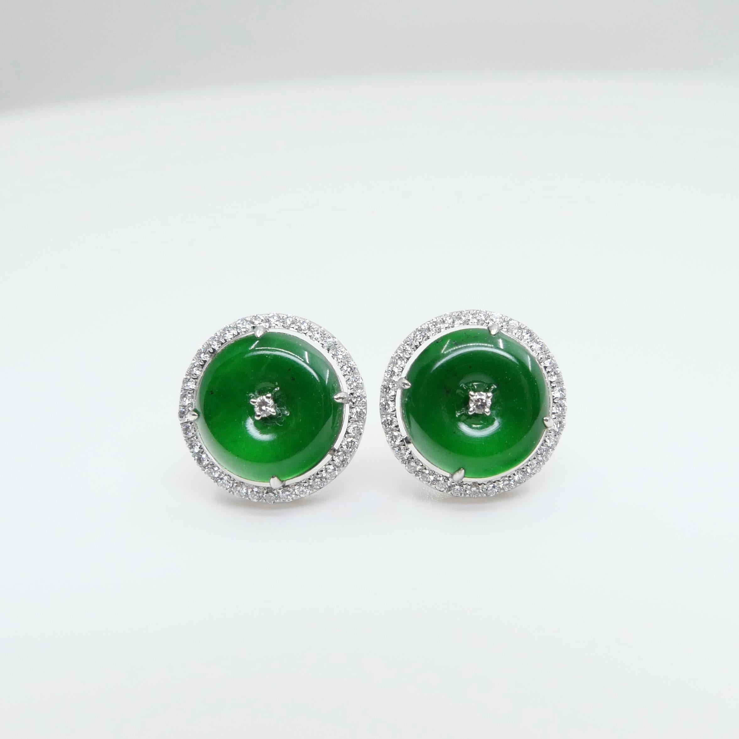 Certified Natural Type A Jadeite Jade And Diamond Earrings. Apple Green Color For Sale 2