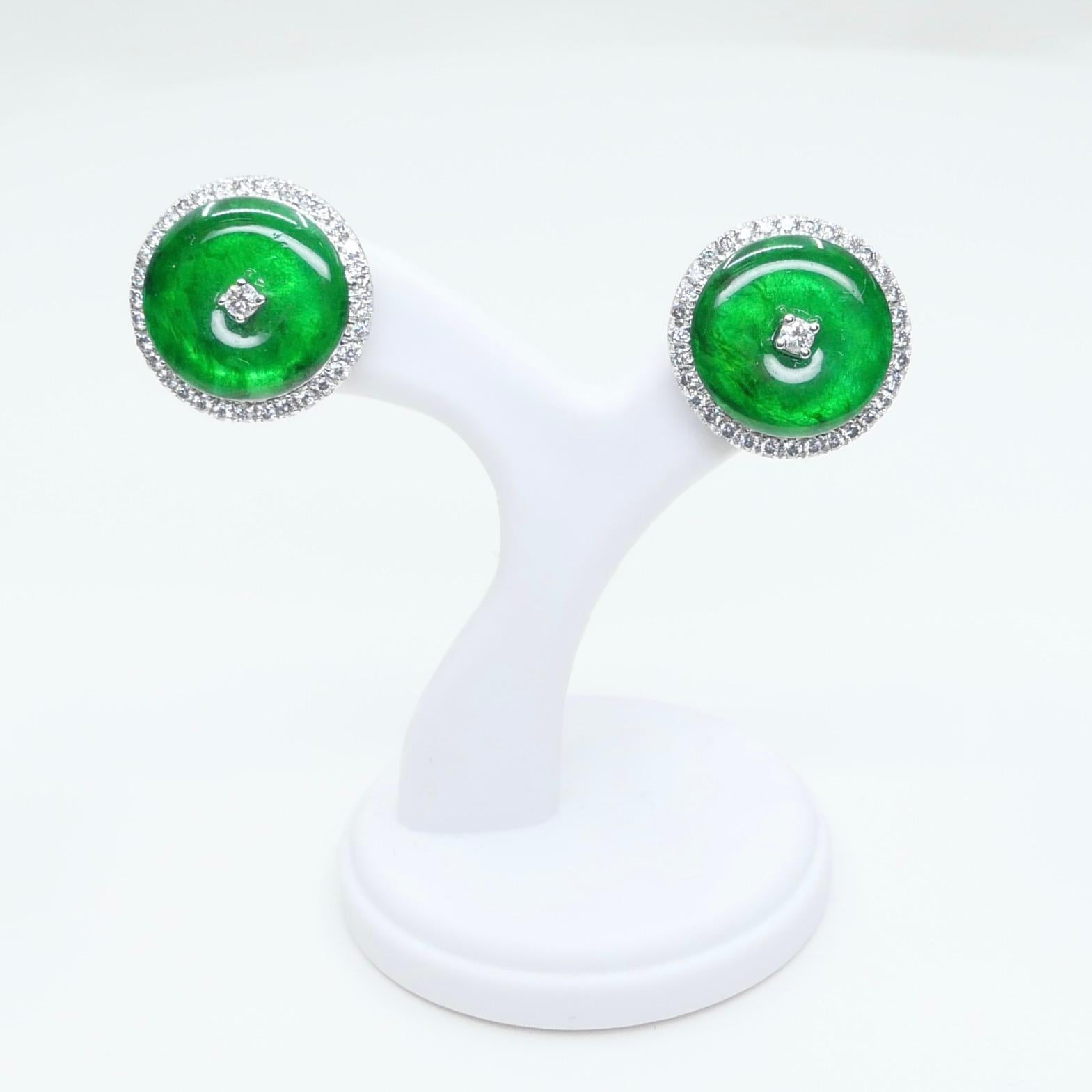 Certified Natural Type A Jadeite Jade And Diamond Earrings. Apple Green Color 6