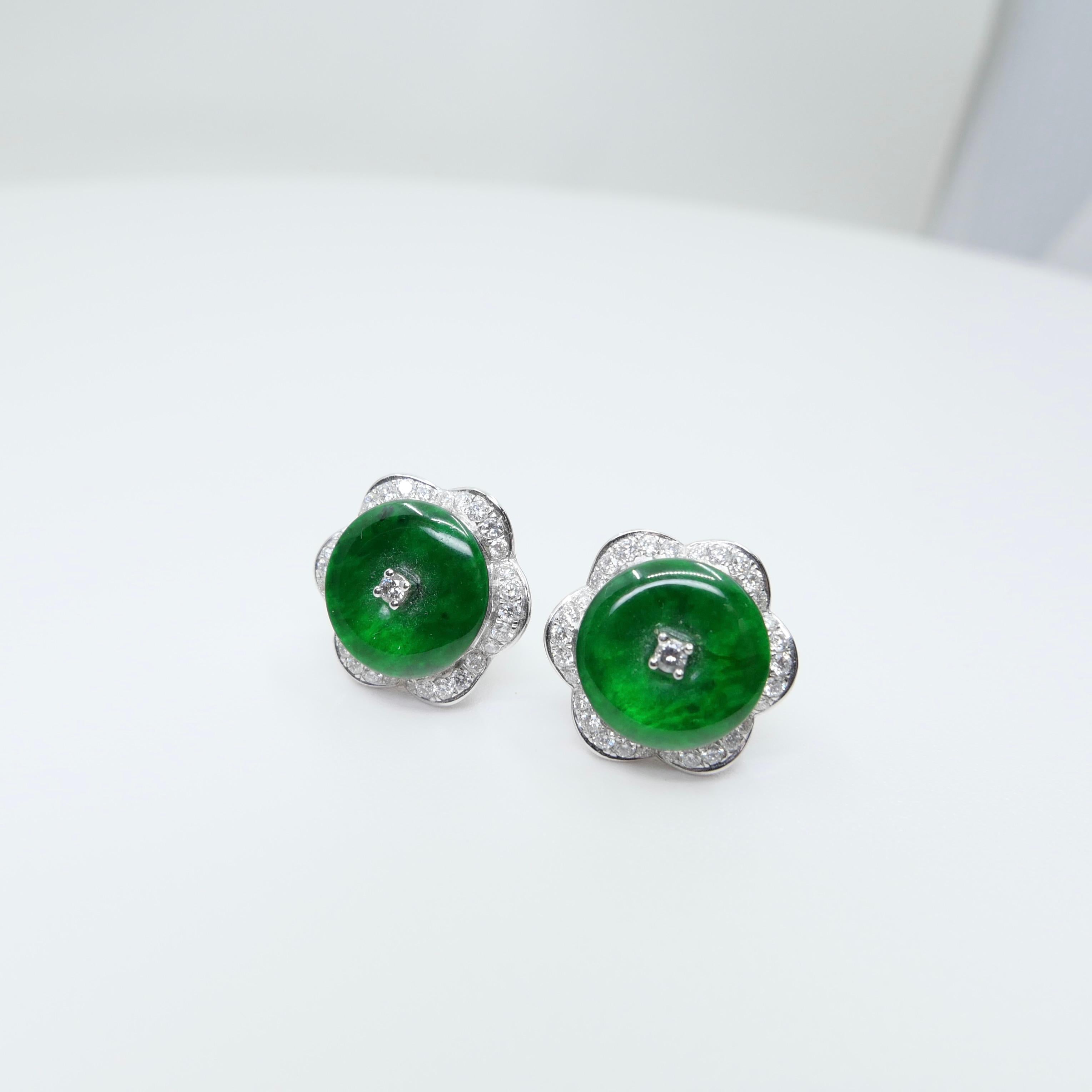 Certified Natural Type A Jadeite Jade And Diamond Earrings. Apple Green Color 4