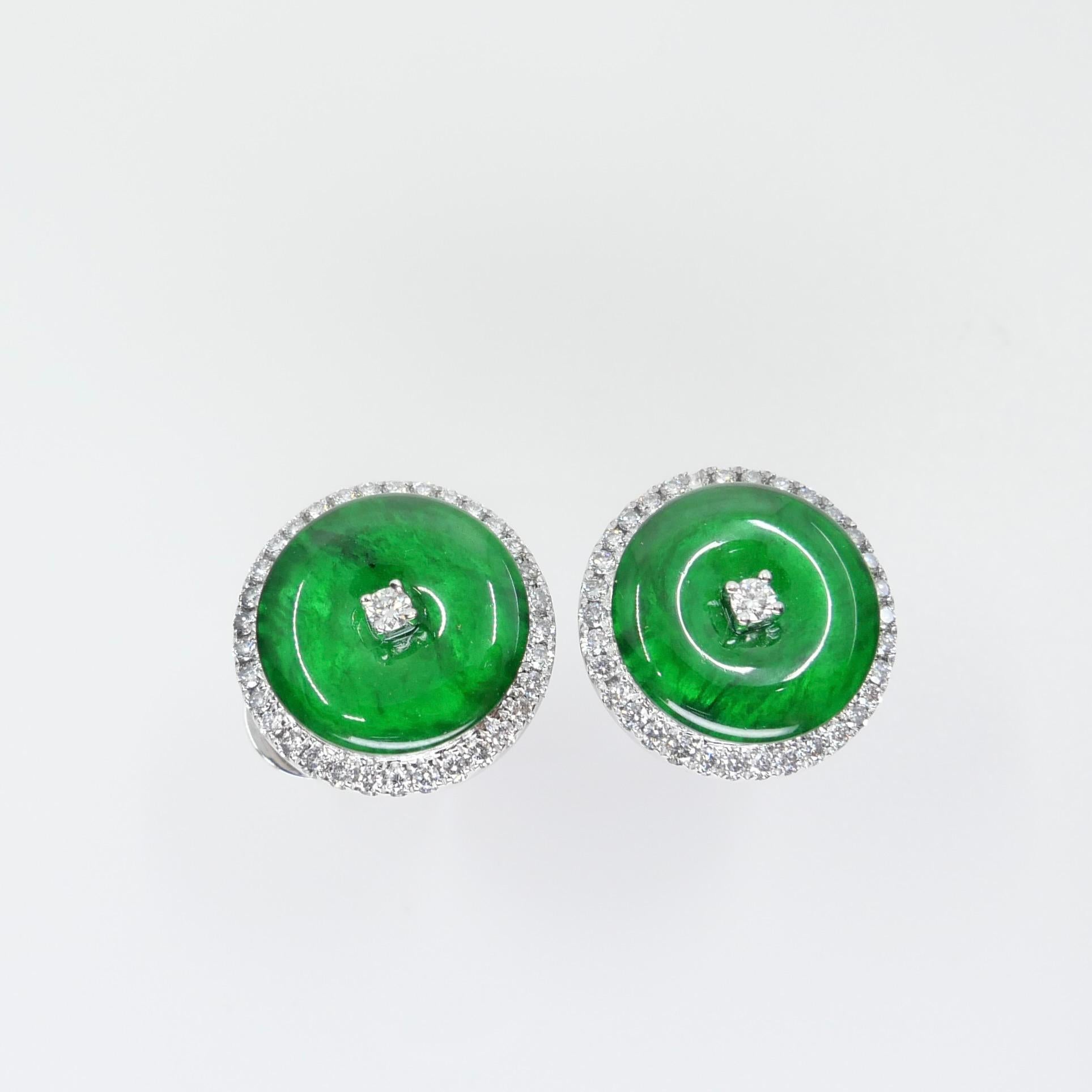 Certified Natural Type A Jadeite Jade And Diamond Earrings. Apple Green Color For Sale 4