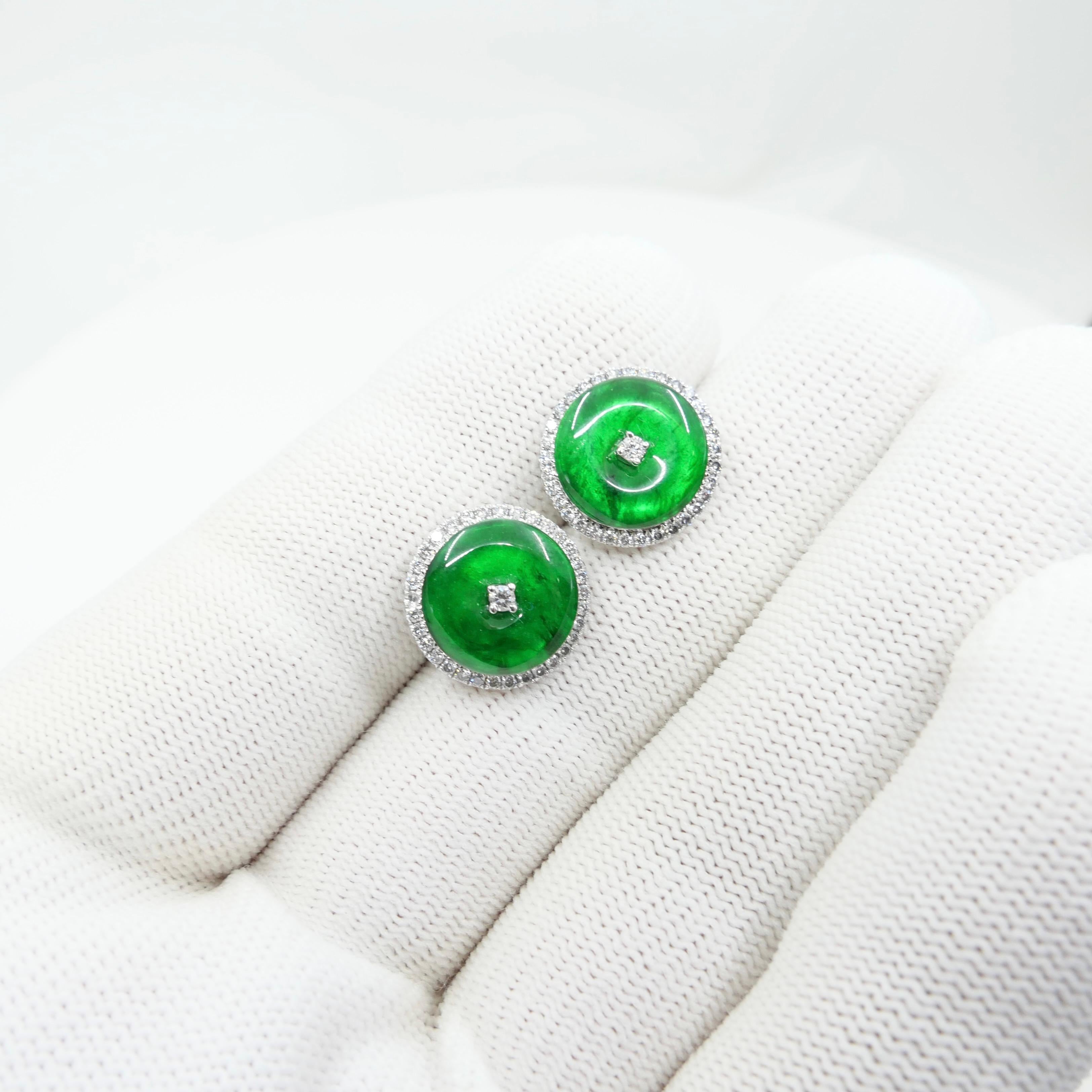 Zertifizierte Ohrringe, natürlicher Typ A Jadeit Jade und Diamant. Apfelgrüne Farbe im Angebot 7