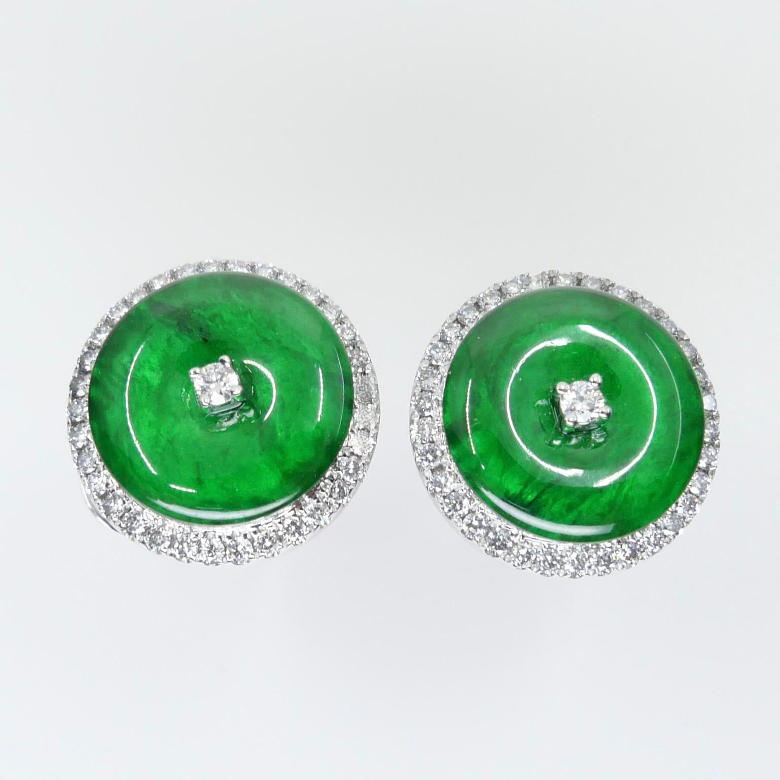 Certified Natural Type A Jadeite Jade And Diamond Earrings. Apple Green Color For Sale 5