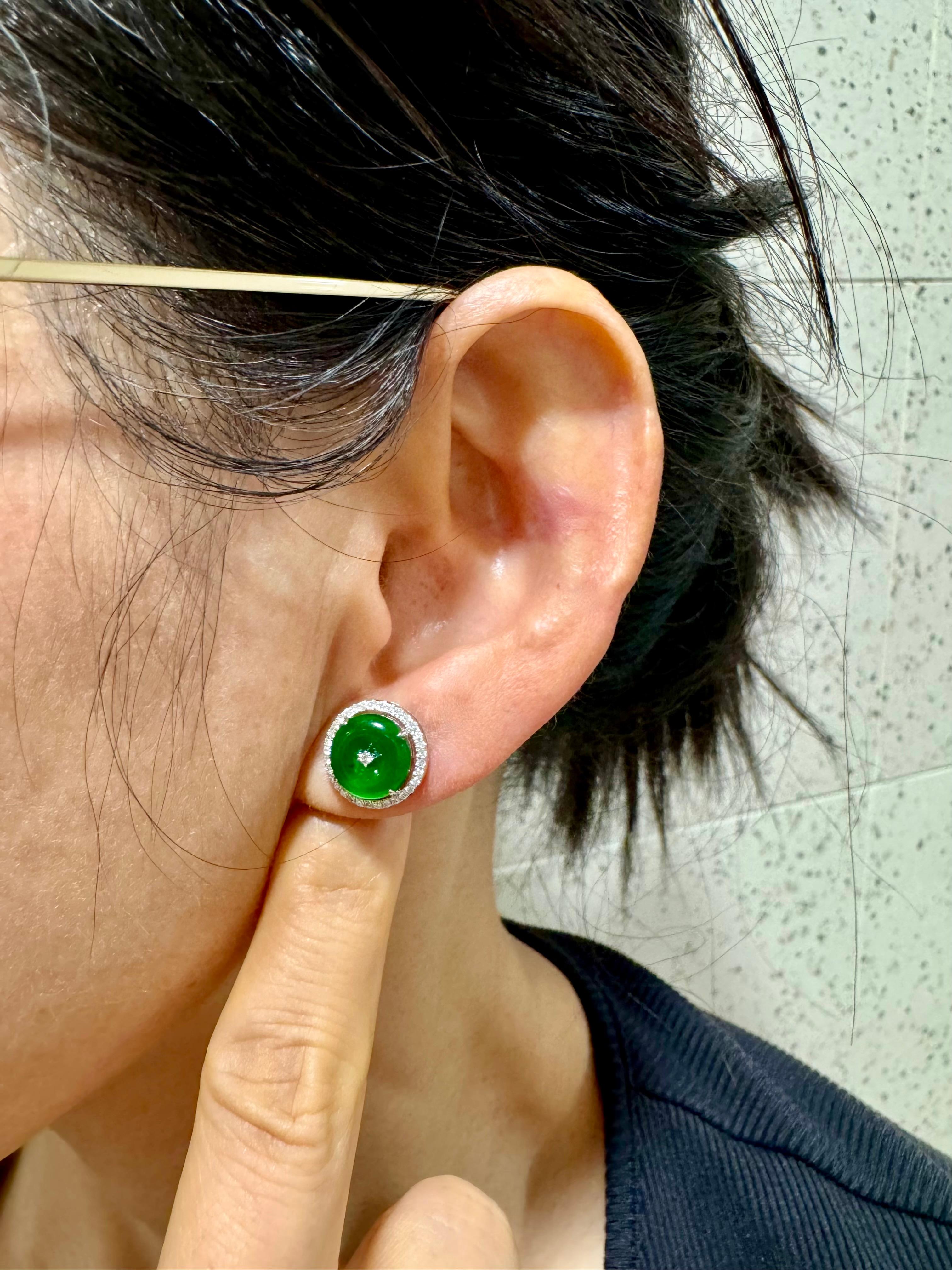 Certified Natural Type A Jadeite Jade And Diamond Earrings. Apple Green Color For Sale 5