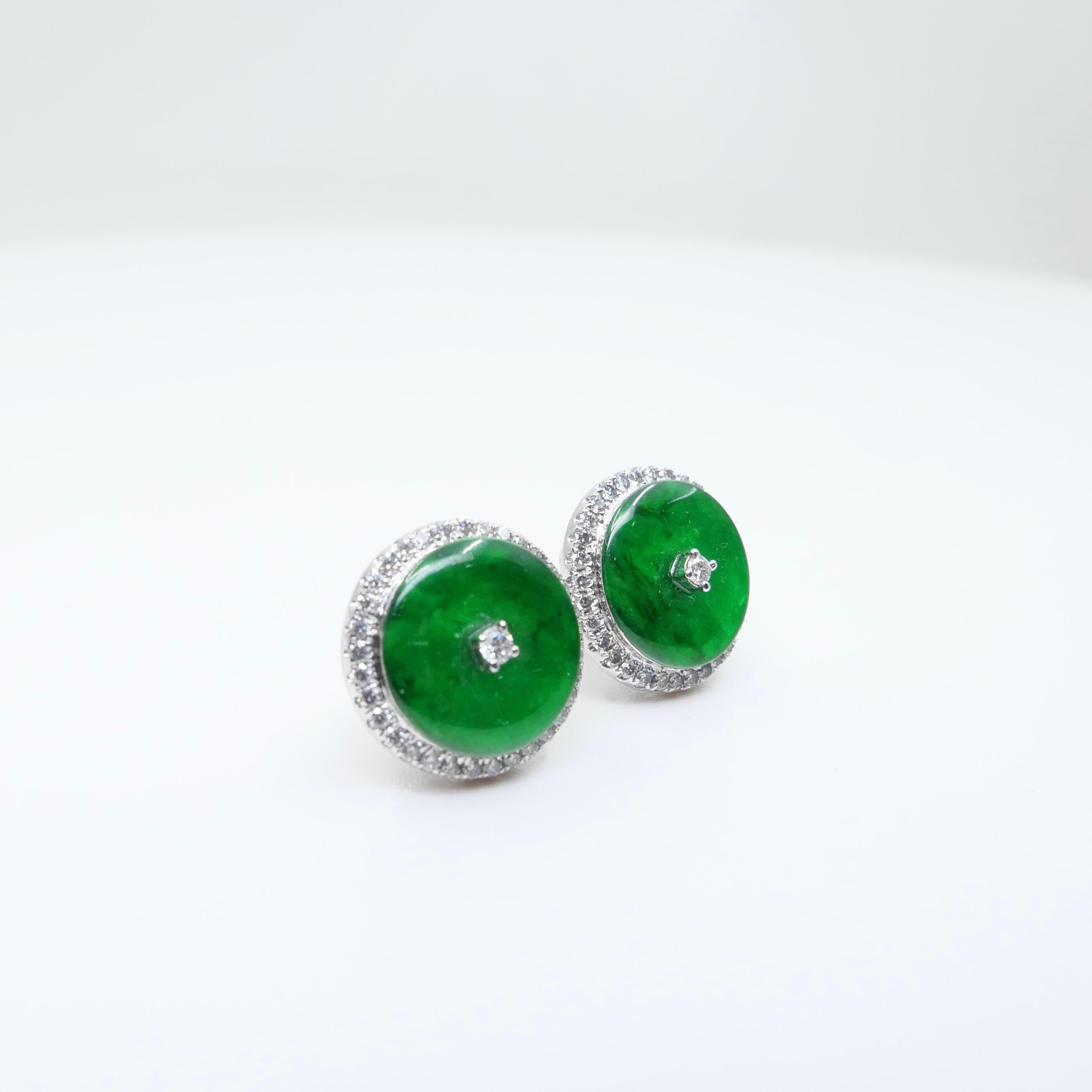 Certified Natural Type A Jadeite Jade And Diamond Earrings. Apple Green Color 9