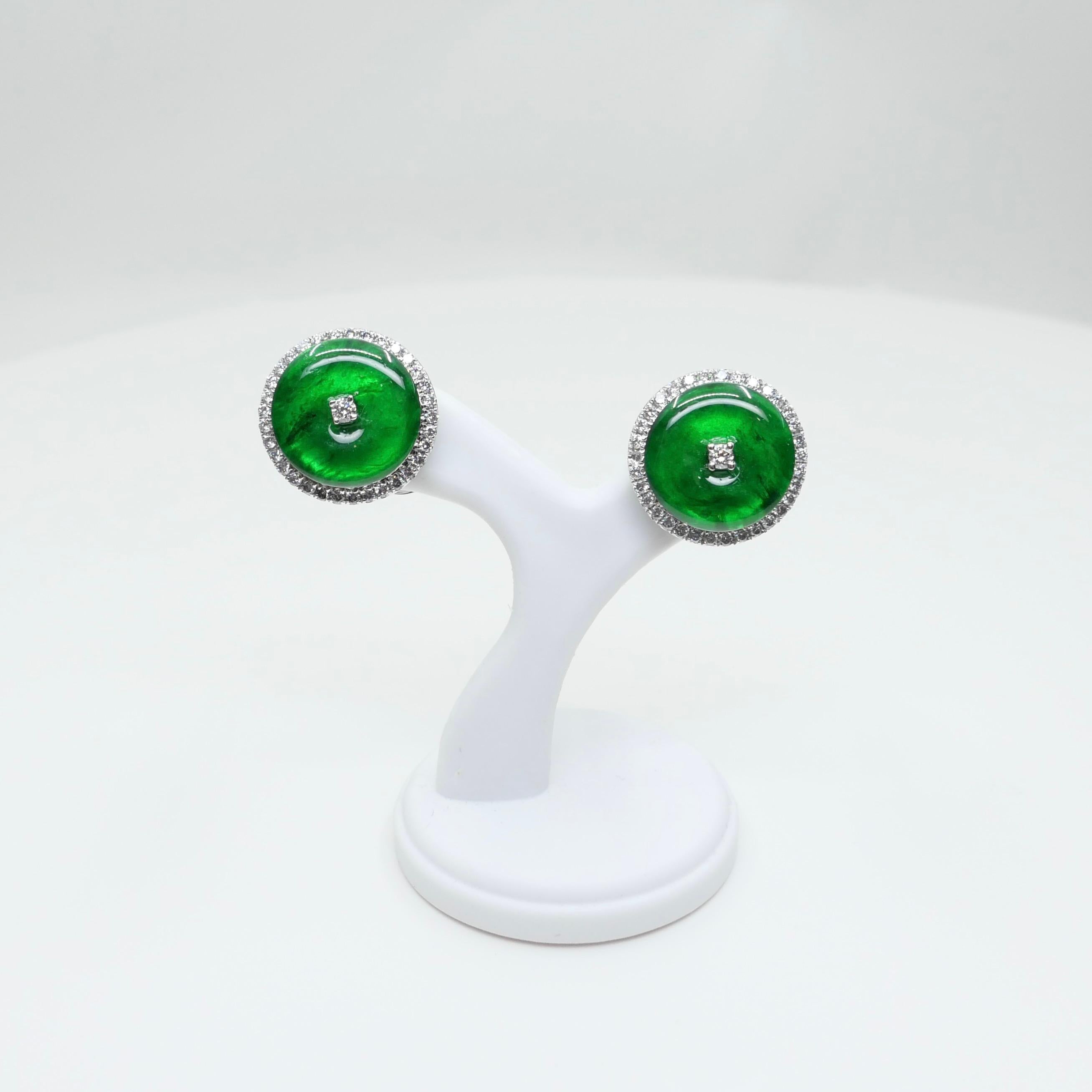 Certified Natural Type A Jadeite Jade And Diamond Earrings. Apple Green Color For Sale 7