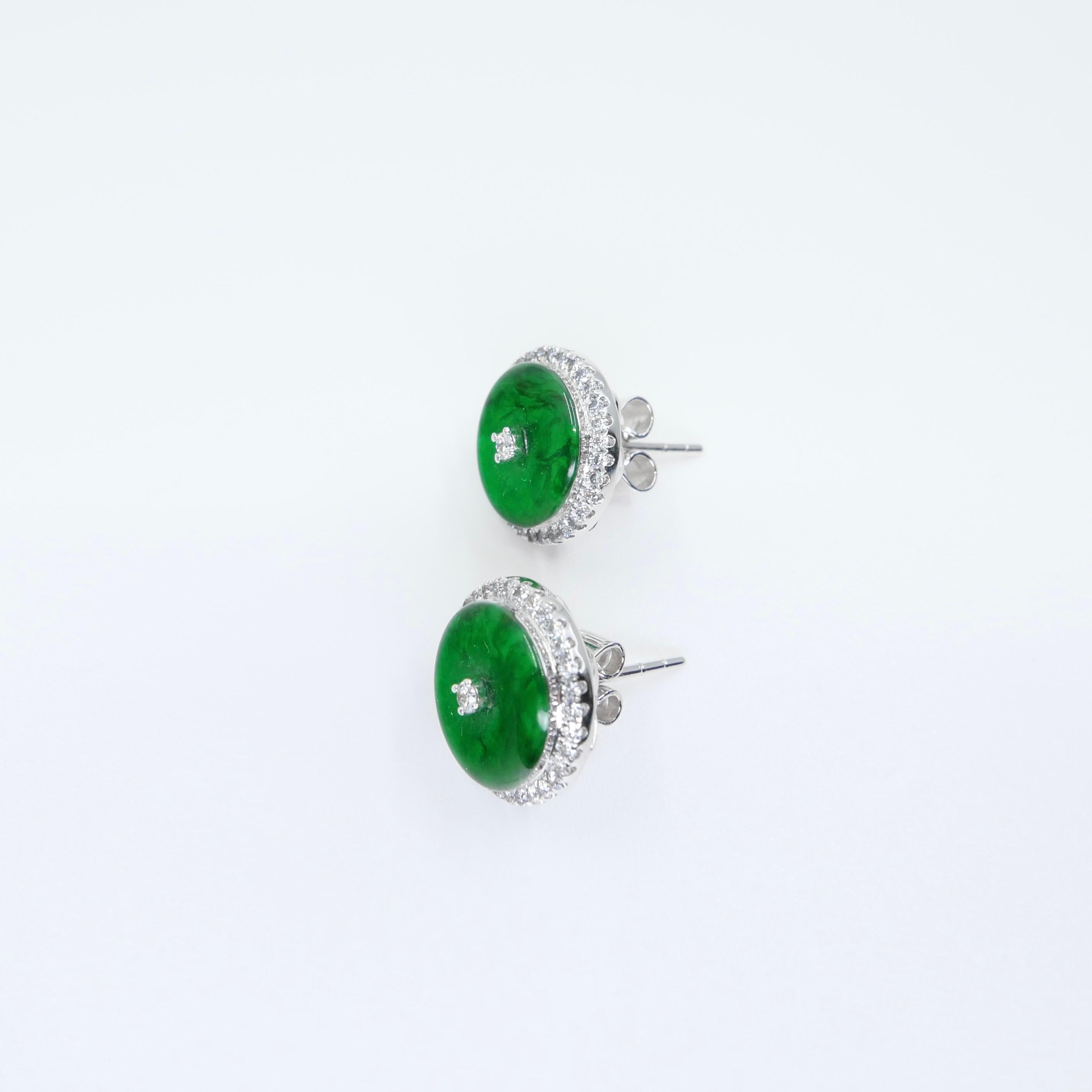 Certified Natural Type A Jadeite Jade And Diamond Earrings. Apple Green Color 10