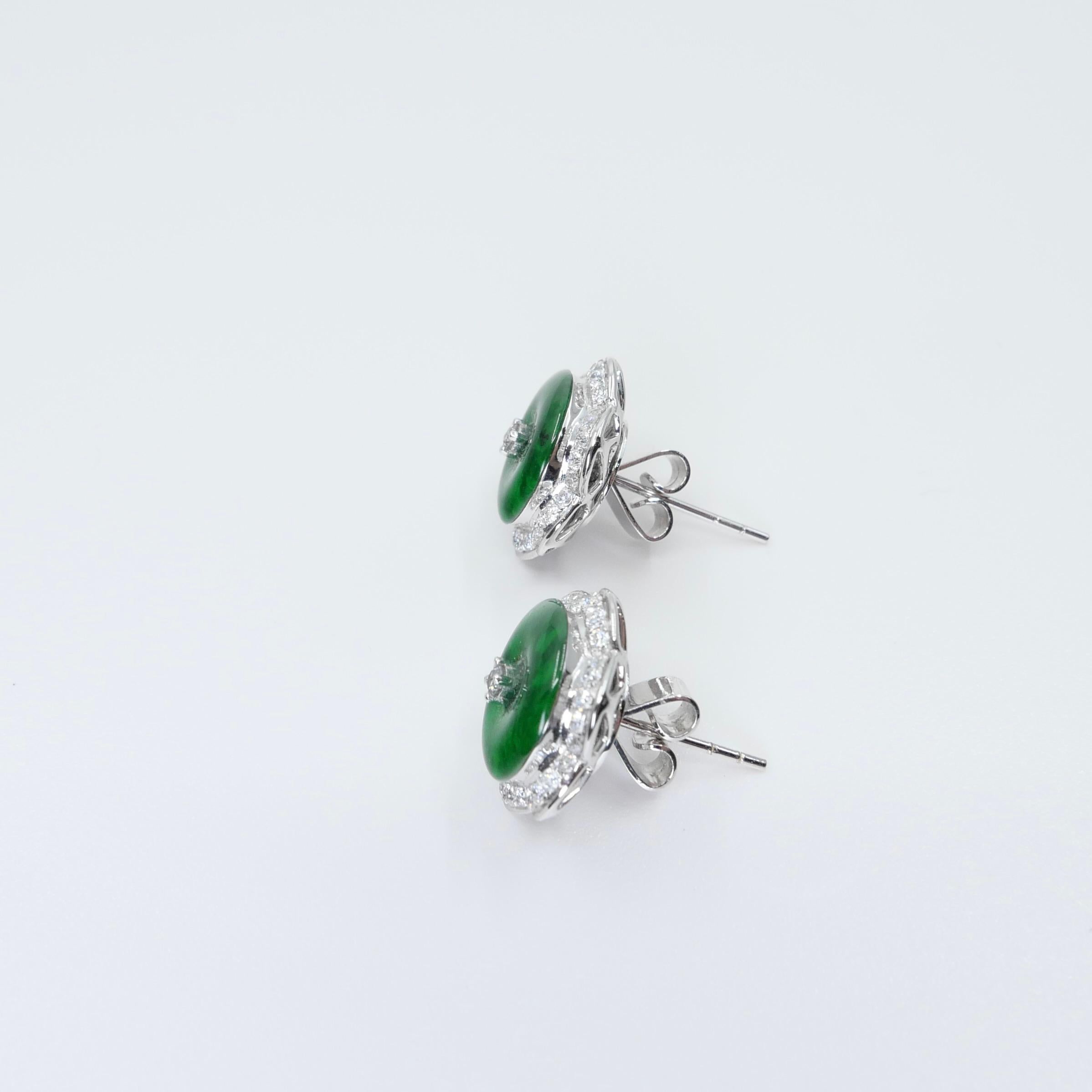 Certified Natural Type A Jadeite Jade And Diamond Earrings. Apple Green Color 8