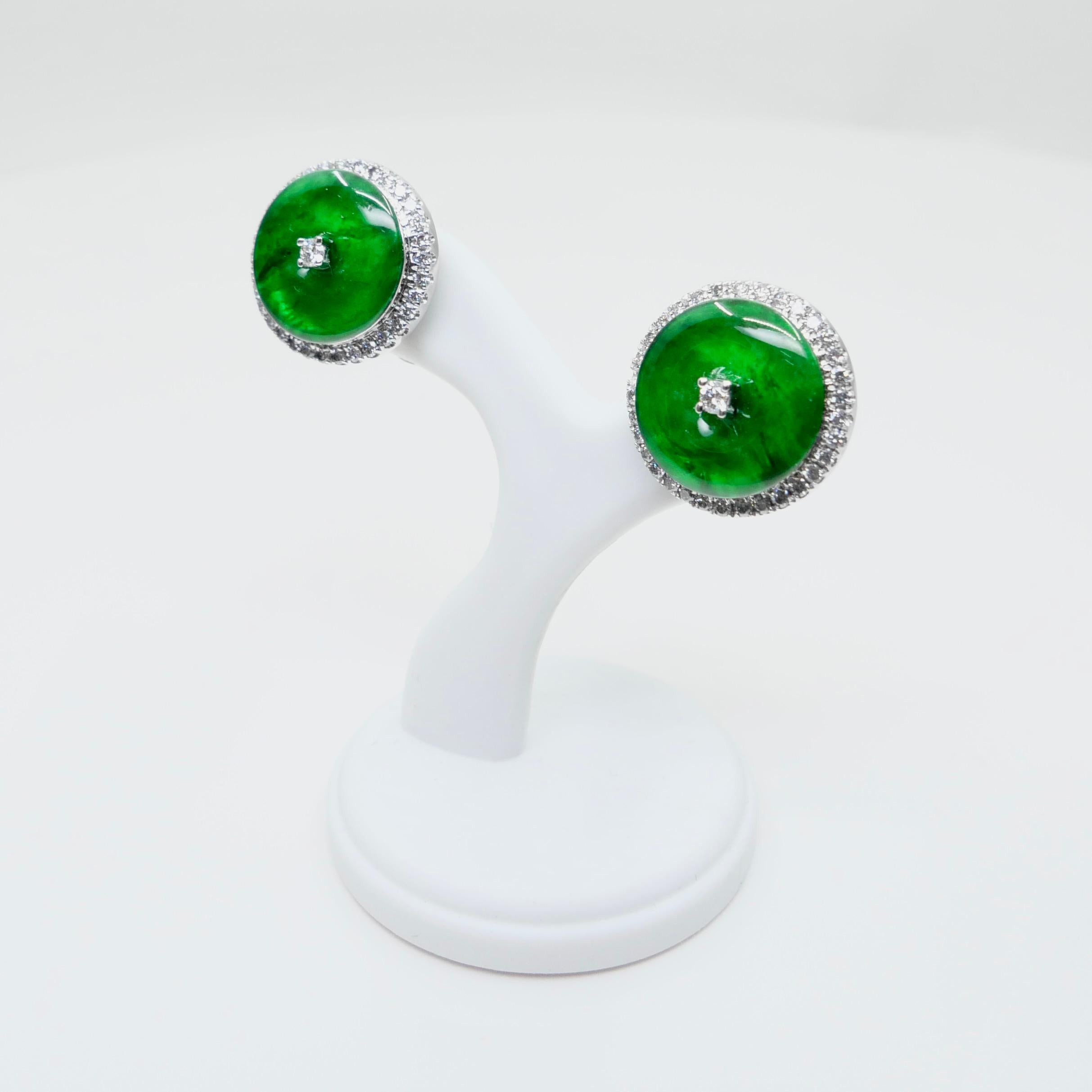 Certified Natural Type A Jadeite Jade And Diamond Earrings. Apple Green Color For Sale 8