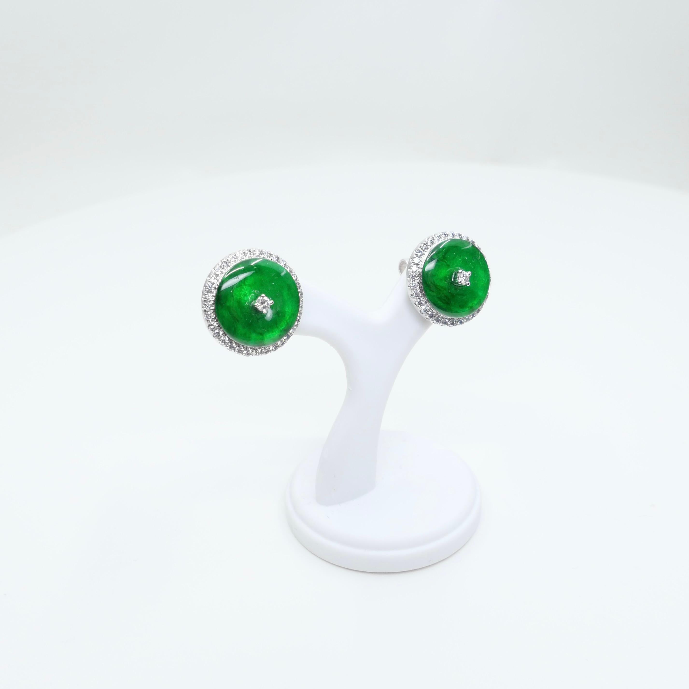 Certified Natural Type A Jadeite Jade And Diamond Earrings. Apple Green Color 11