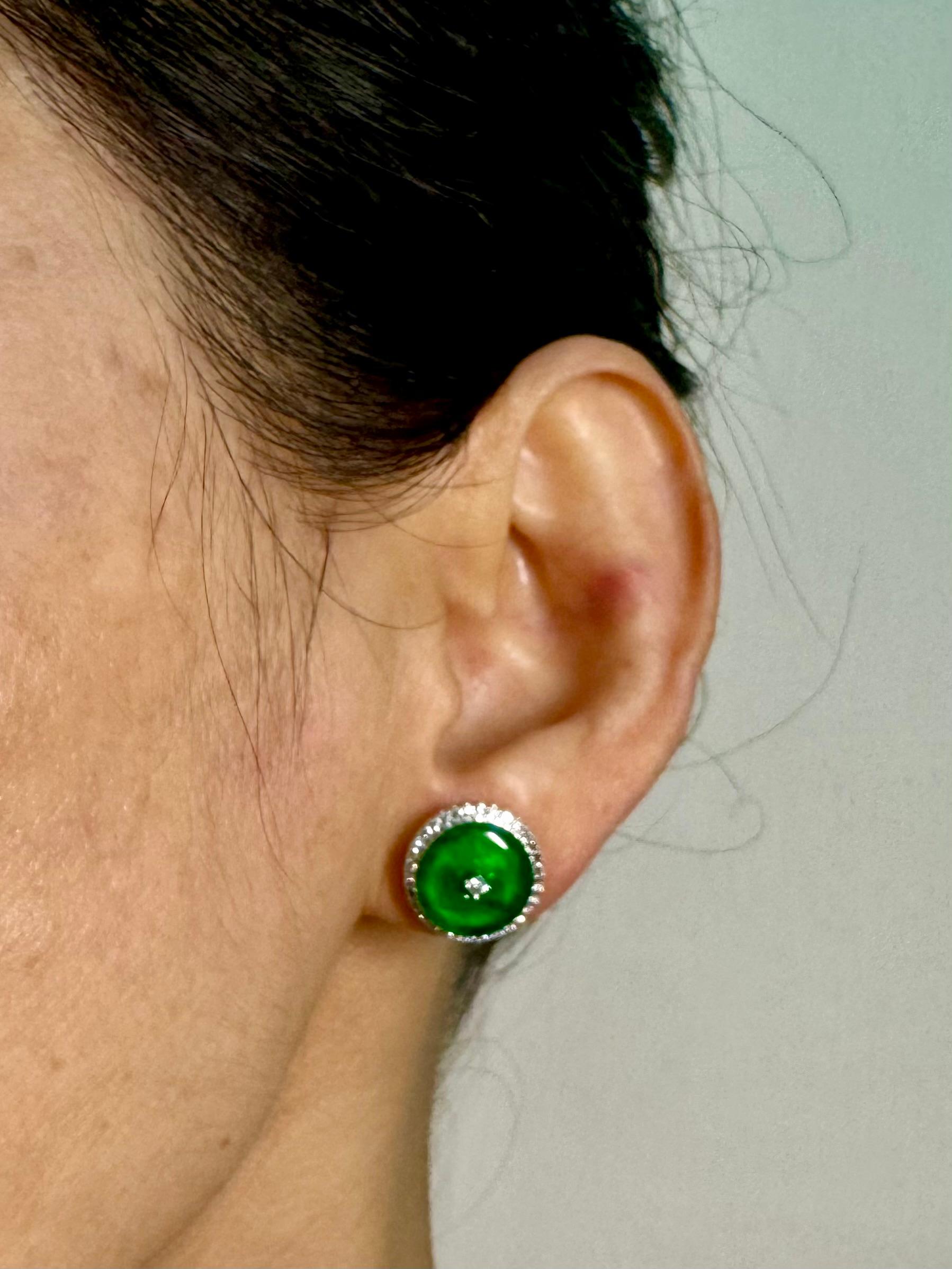 Certified Natural Type A Jadeite Jade And Diamond Earrings. Apple Green Color For Sale 9