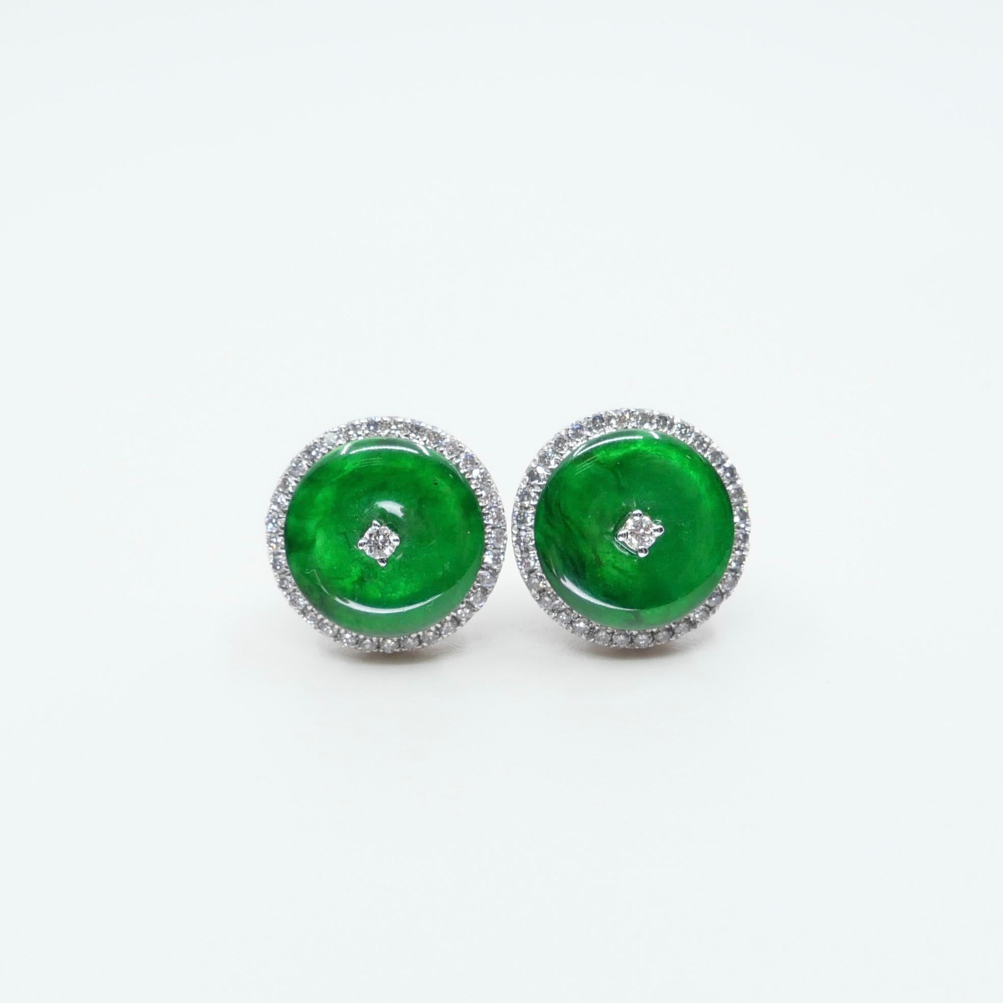 Certified Natural Type A Jadeite Jade And Diamond Earrings. Apple Green Color 13