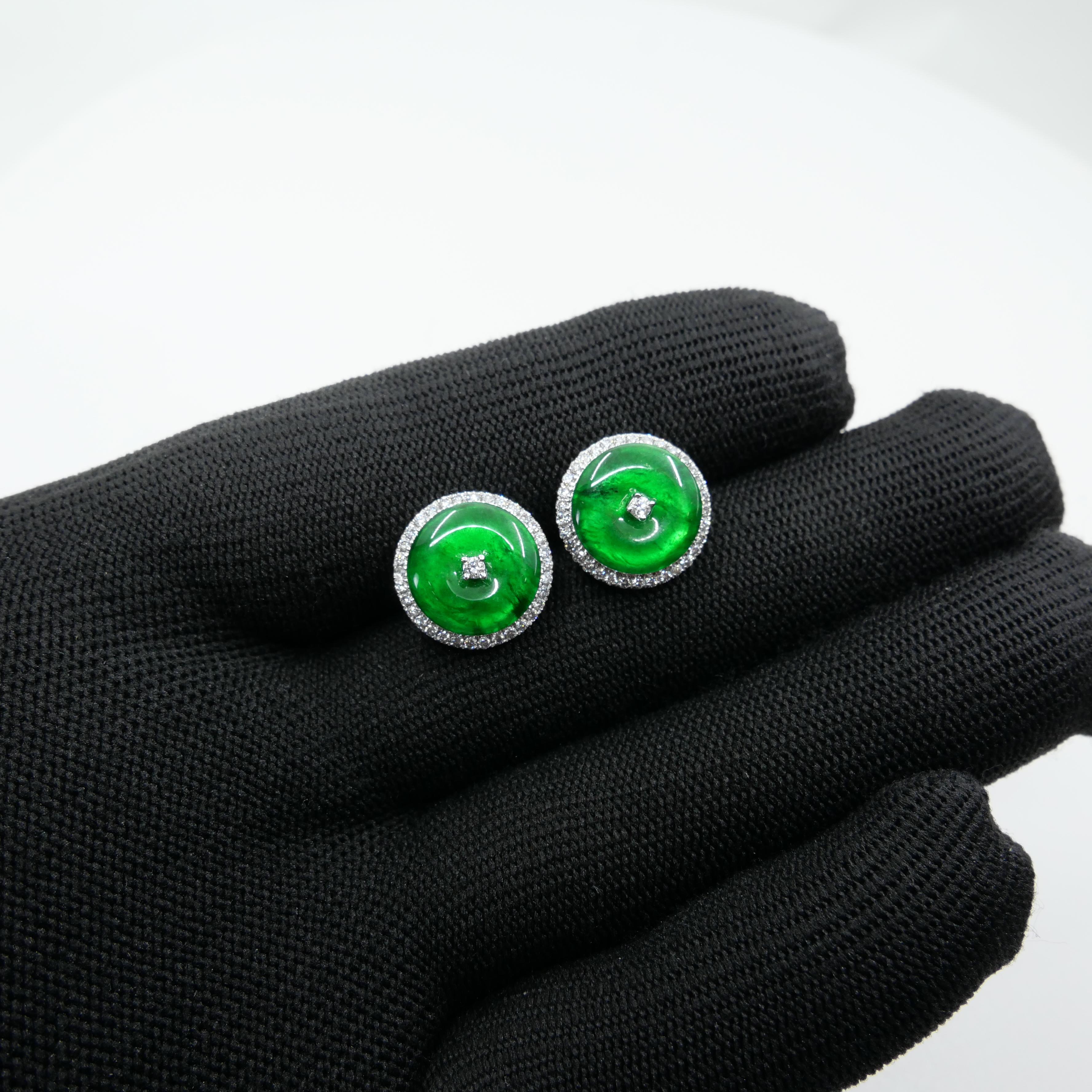 Certified Natural Type A Jadeite Jade And Diamond Earrings. Apple Green Color For Sale 11