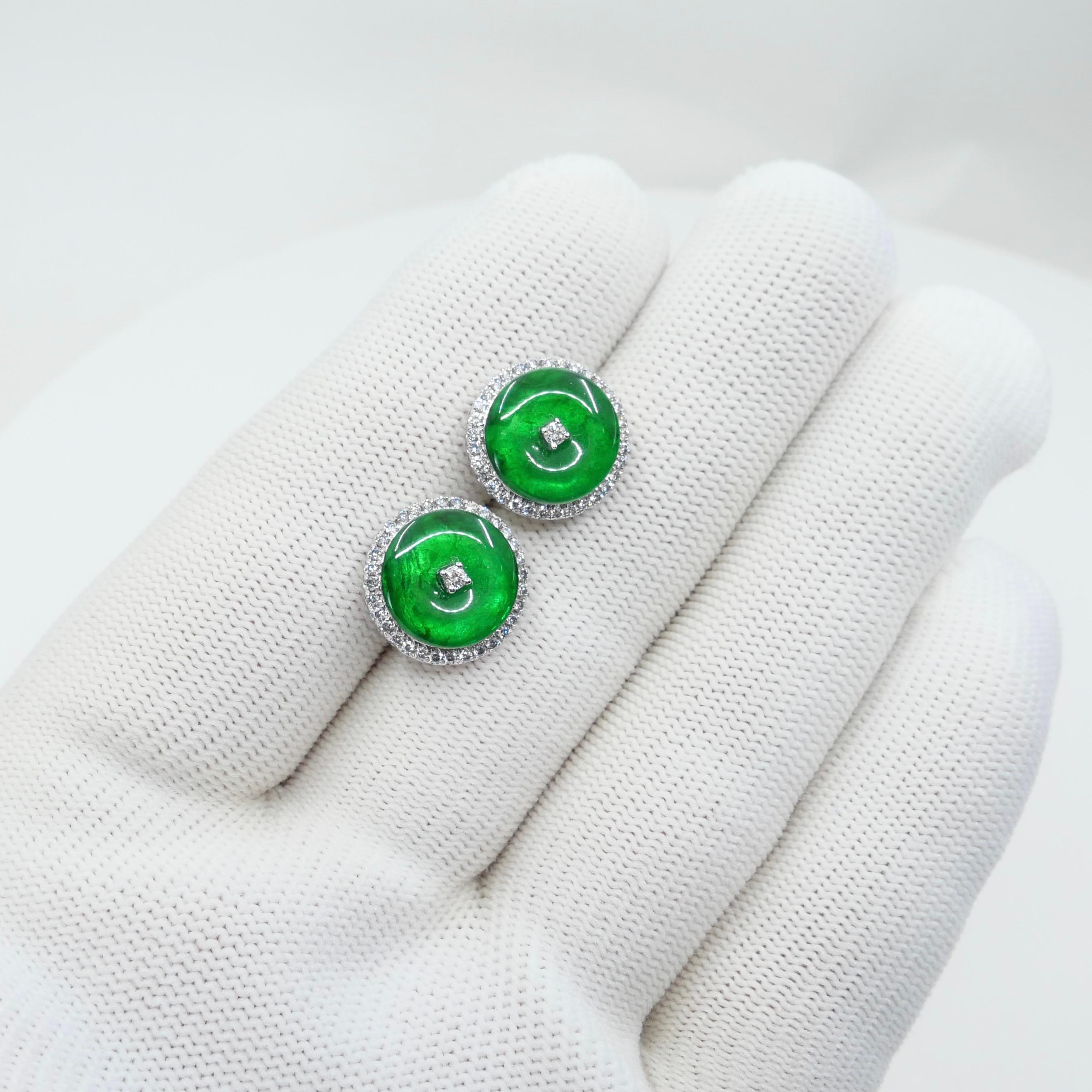 Round Cut Certified Natural Type A Jadeite Jade And Diamond Earrings. Apple Green Color