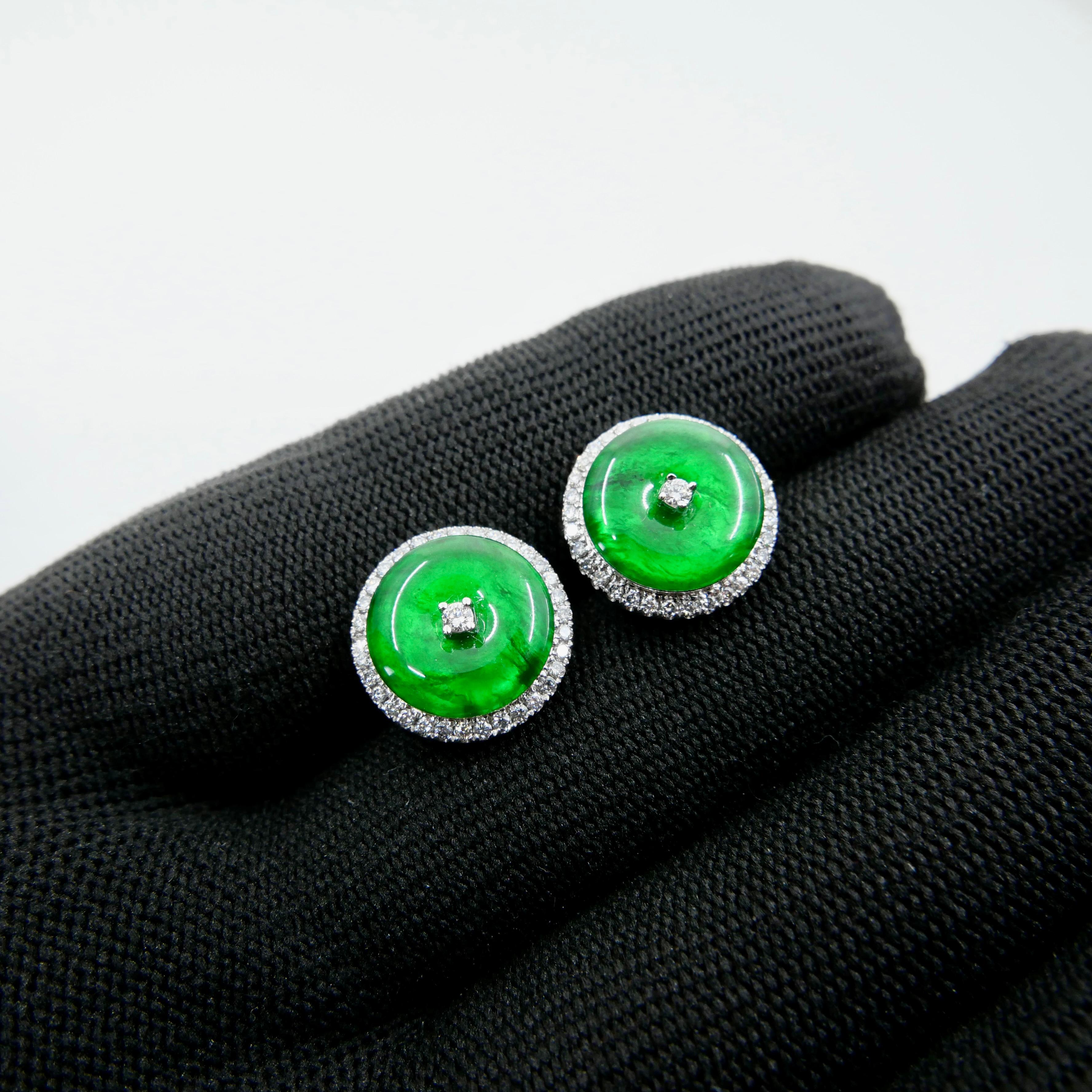 Round Cut Certified Natural Type A Jadeite Jade And Diamond Earrings. Apple Green Color For Sale
