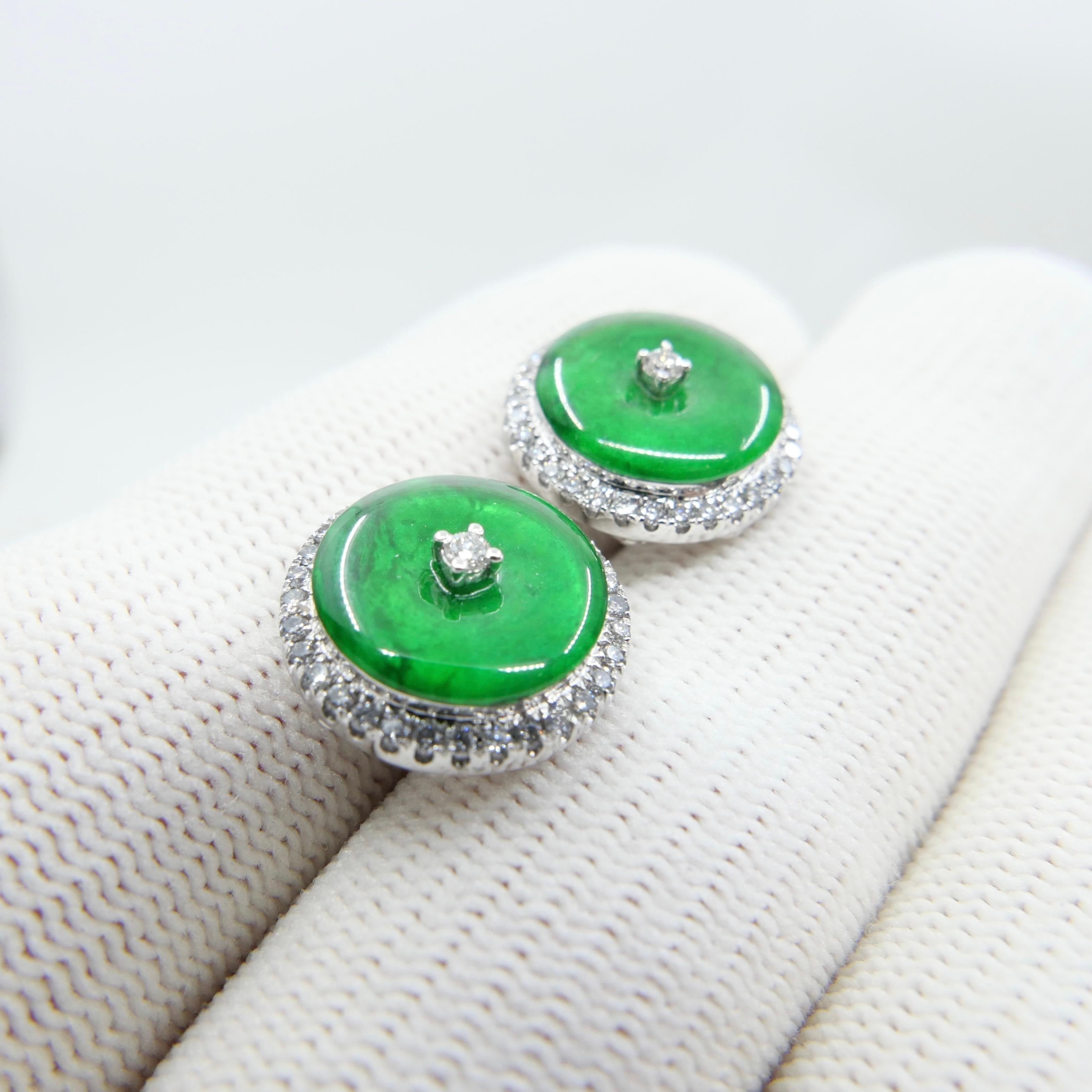 Certified Natural Type A Jadeite Jade And Diamond Earrings. Apple Green Color 1