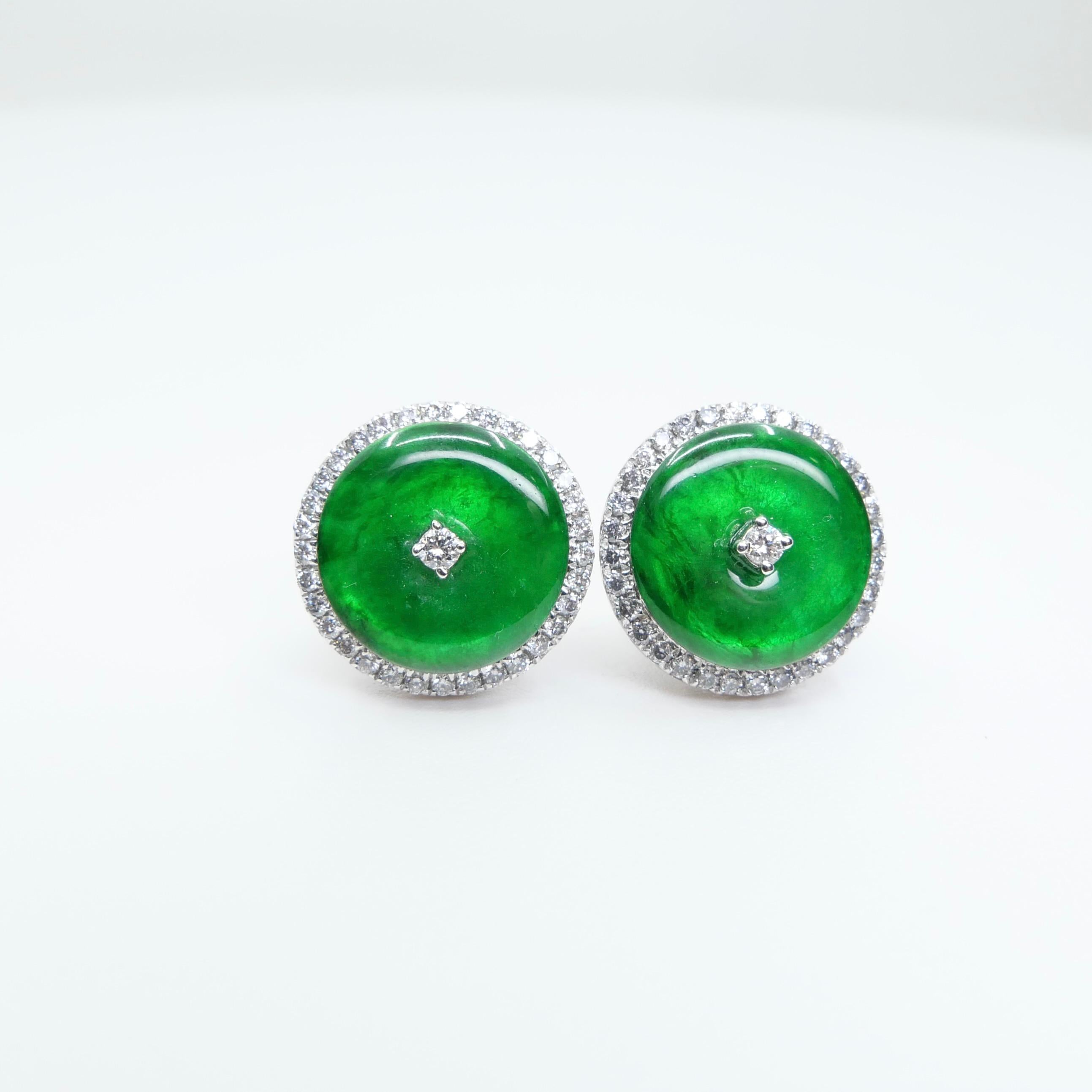 Certified Natural Type A Jadeite Jade And Diamond Earrings. Apple Green Color 2