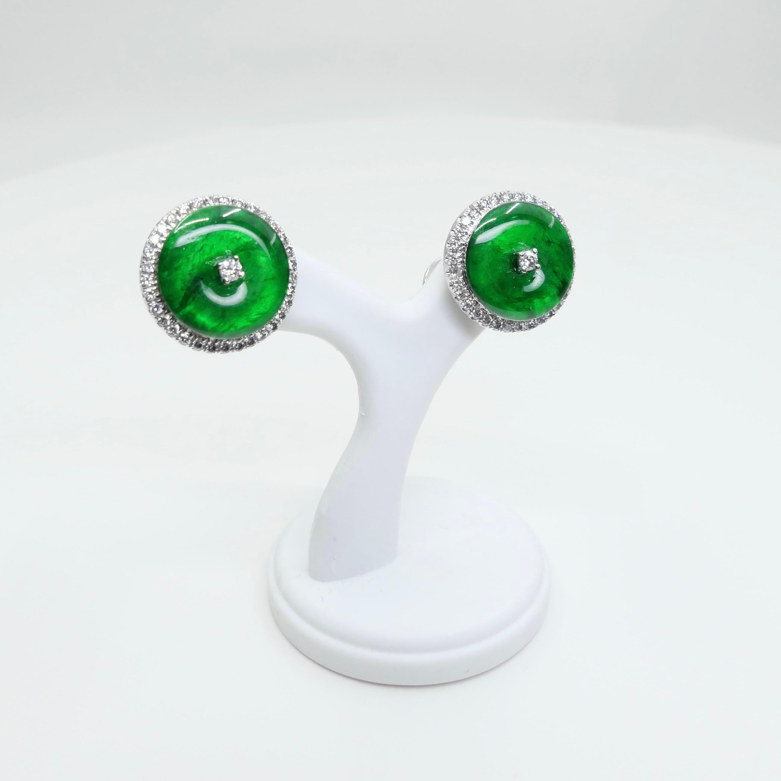 Certified Natural Type A Jadeite Jade And Diamond Earrings. Apple Green Color For Sale 1