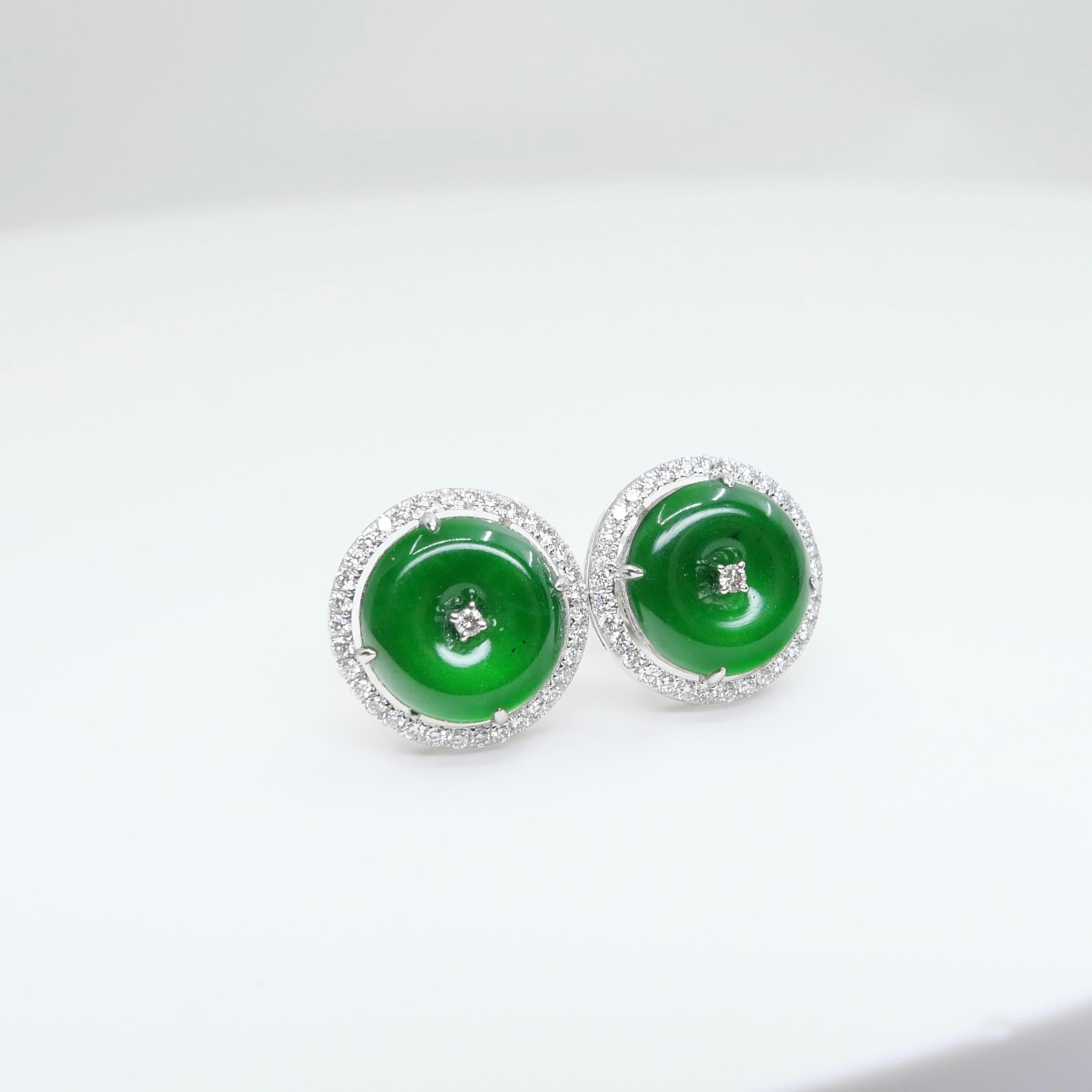 Women's Certified Natural Type A Jadeite Jade And Diamond Earrings. Apple Green Color For Sale