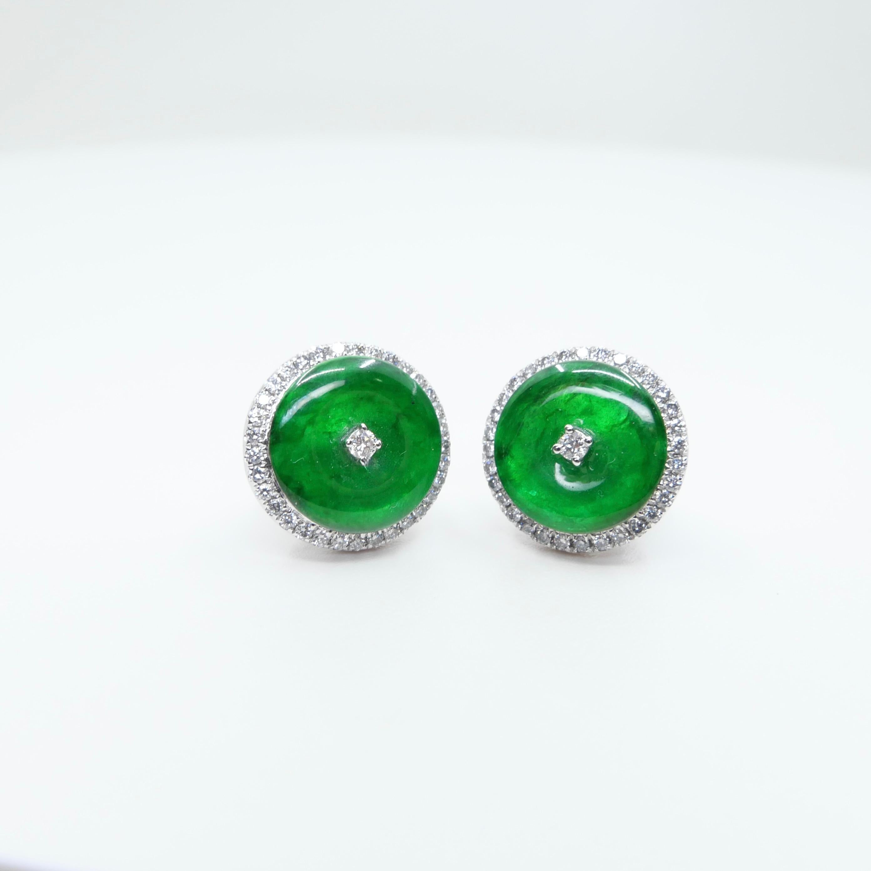 Certified Natural Type A Jadeite Jade And Diamond Earrings. Apple Green Color 4