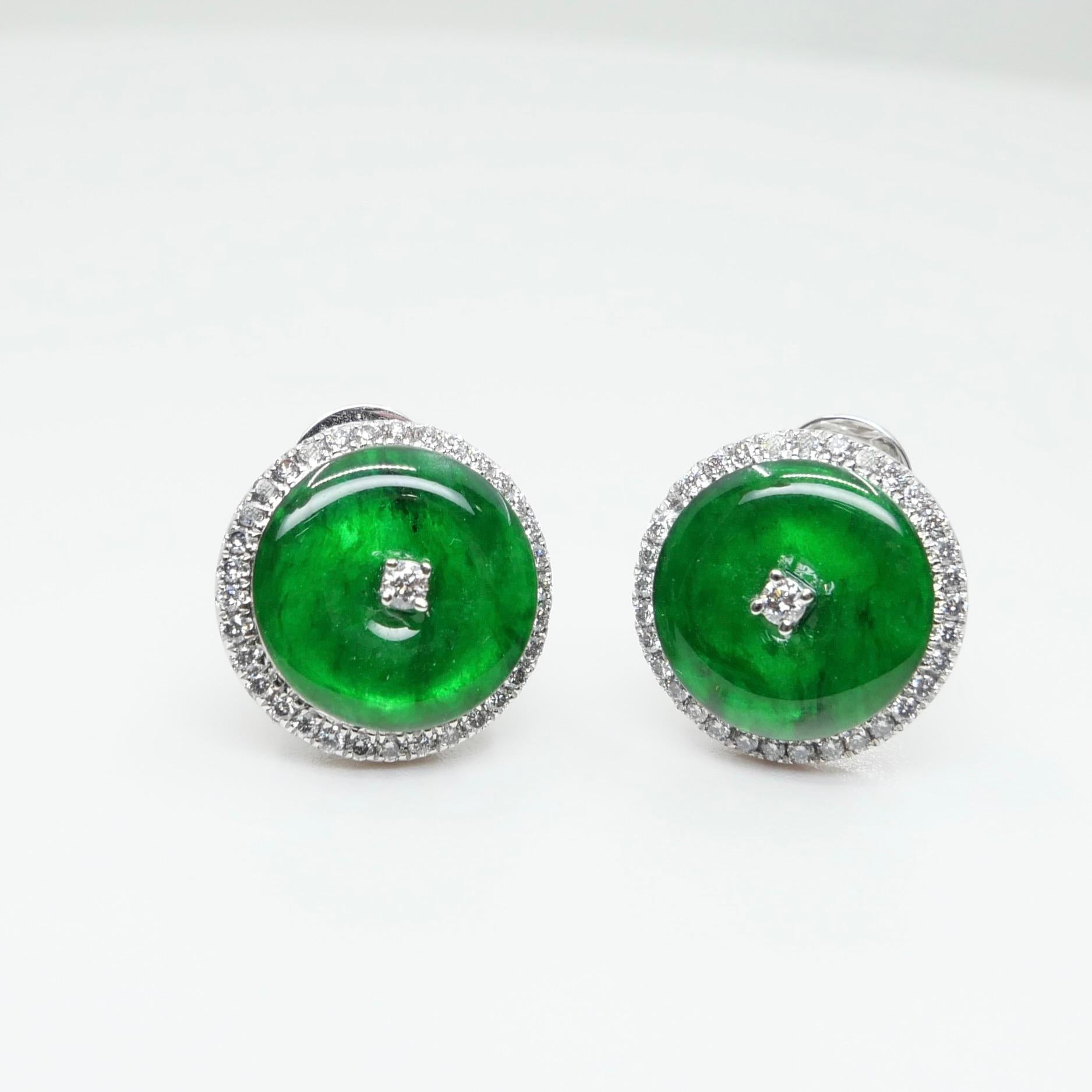 Certified Natural Type A Jadeite Jade And Diamond Earrings. Apple Green Color For Sale 2