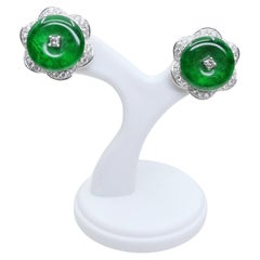 Certified Natural Type A Jadeite Jade And Diamond Earrings. Apple Green Color
