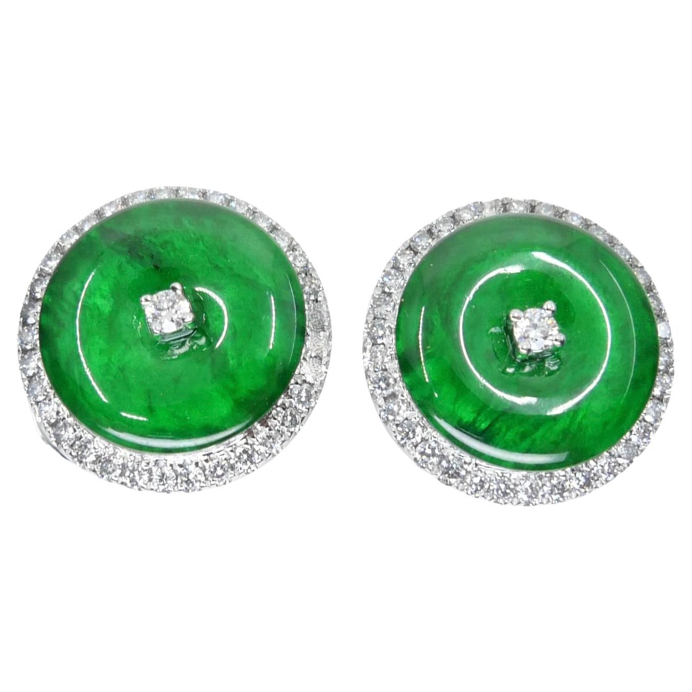 Certified Natural Type A Jadeite Jade And Diamond Earrings. Apple Green Color For Sale