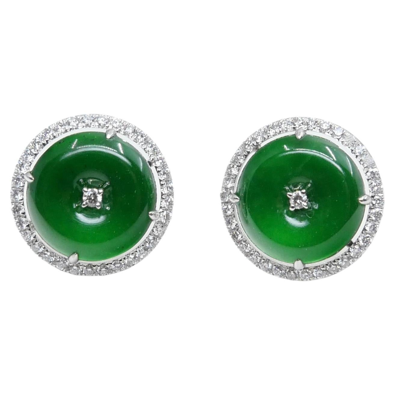 Boucles d'oreilles en jade et diamant certifiées naturelles de type A. Couleur vert pomme