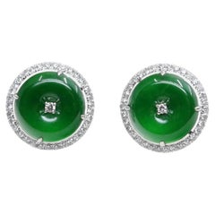 Zertifizierte Ohrringe, natürlicher Typ A Jadeit Jade und Diamant. Apfelgrüne Farbe