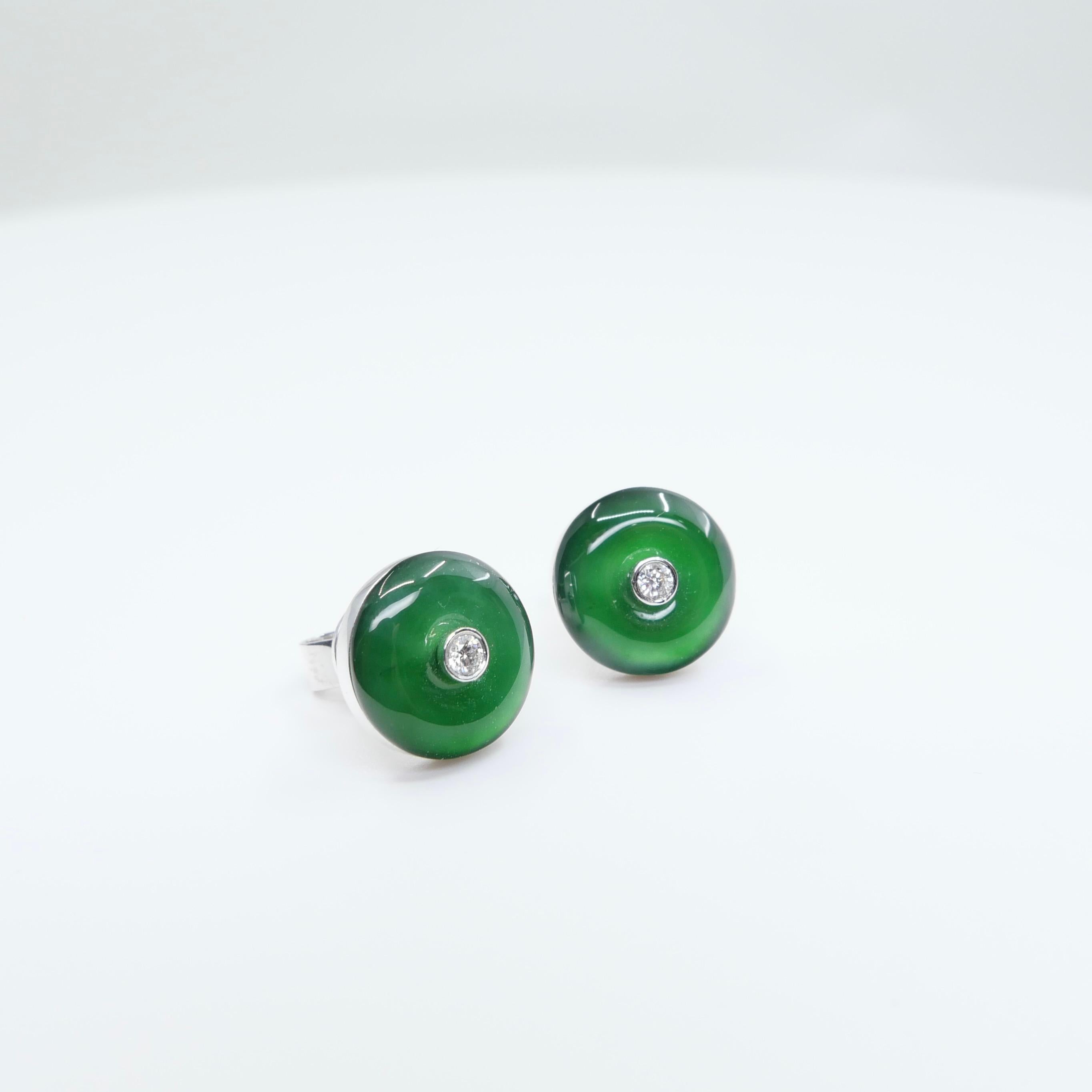 Certified Natural Type A Jadeite Jade And Diamond Earrings. Imperial Green Color For Sale 2
