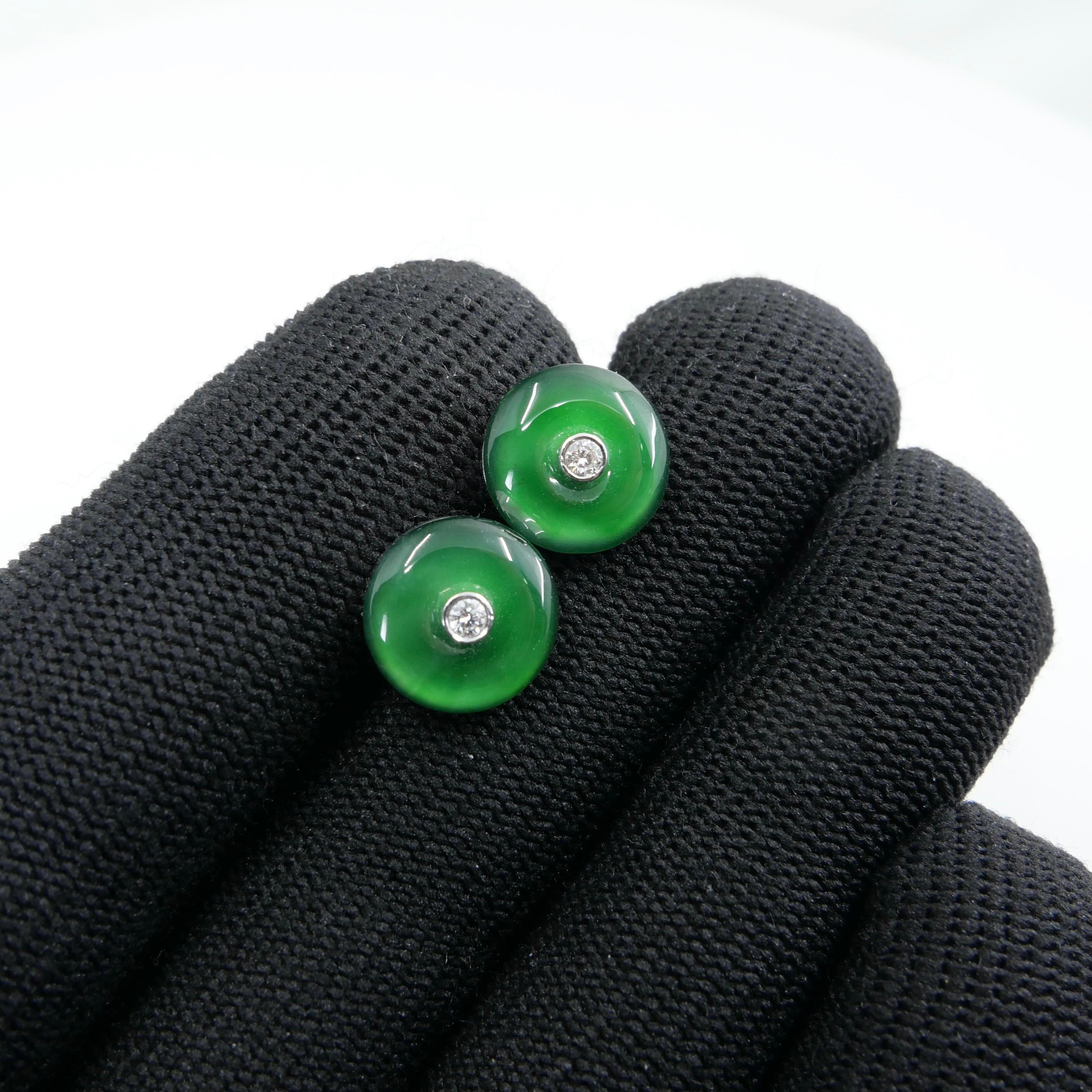 Certified Natural Type A Jadeite Jade And Diamond Earrings. Imperial Green Color For Sale 5