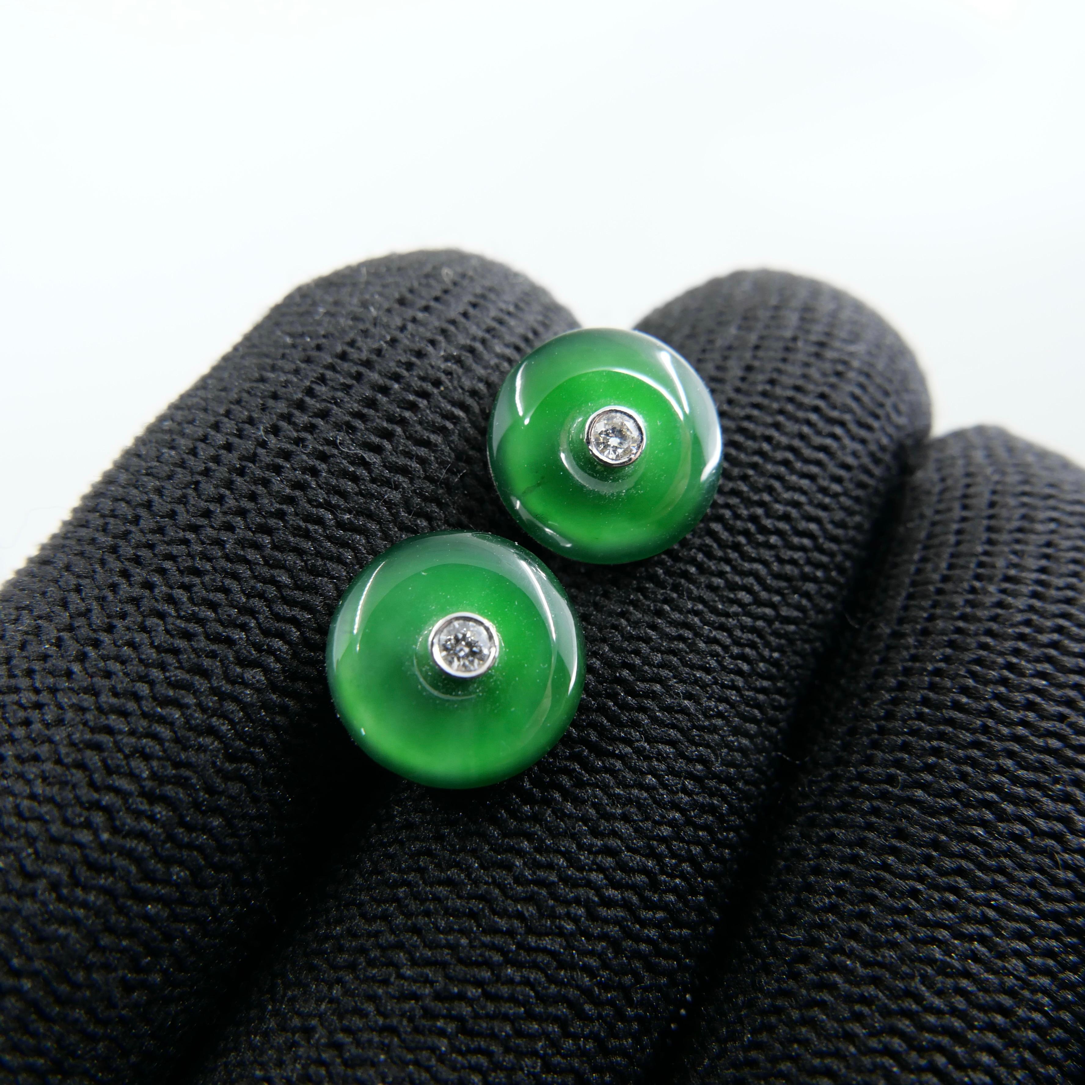 Certified Natural Type A Jadeite Jade And Diamond Earrings. Imperial Green Color For Sale 6