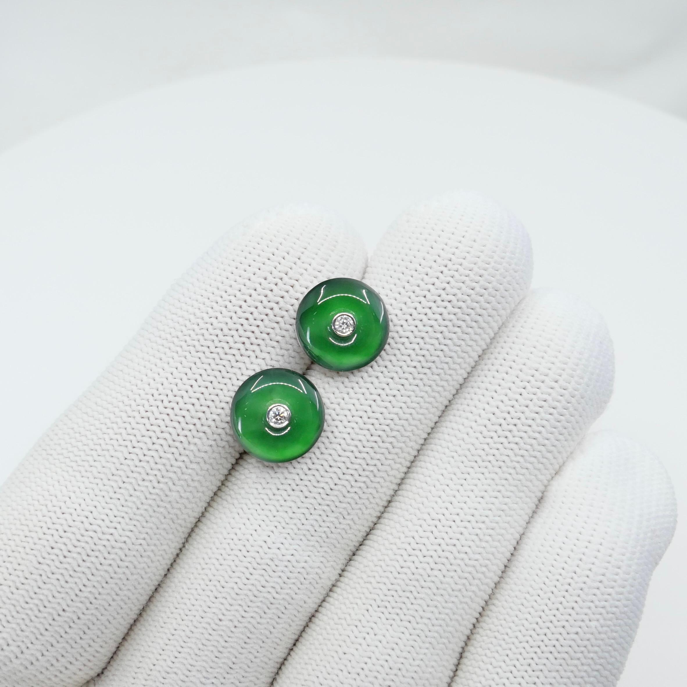 Certified Natural Type A Jadeite Jade And Diamond Earrings. Imperial Green Color For Sale 9