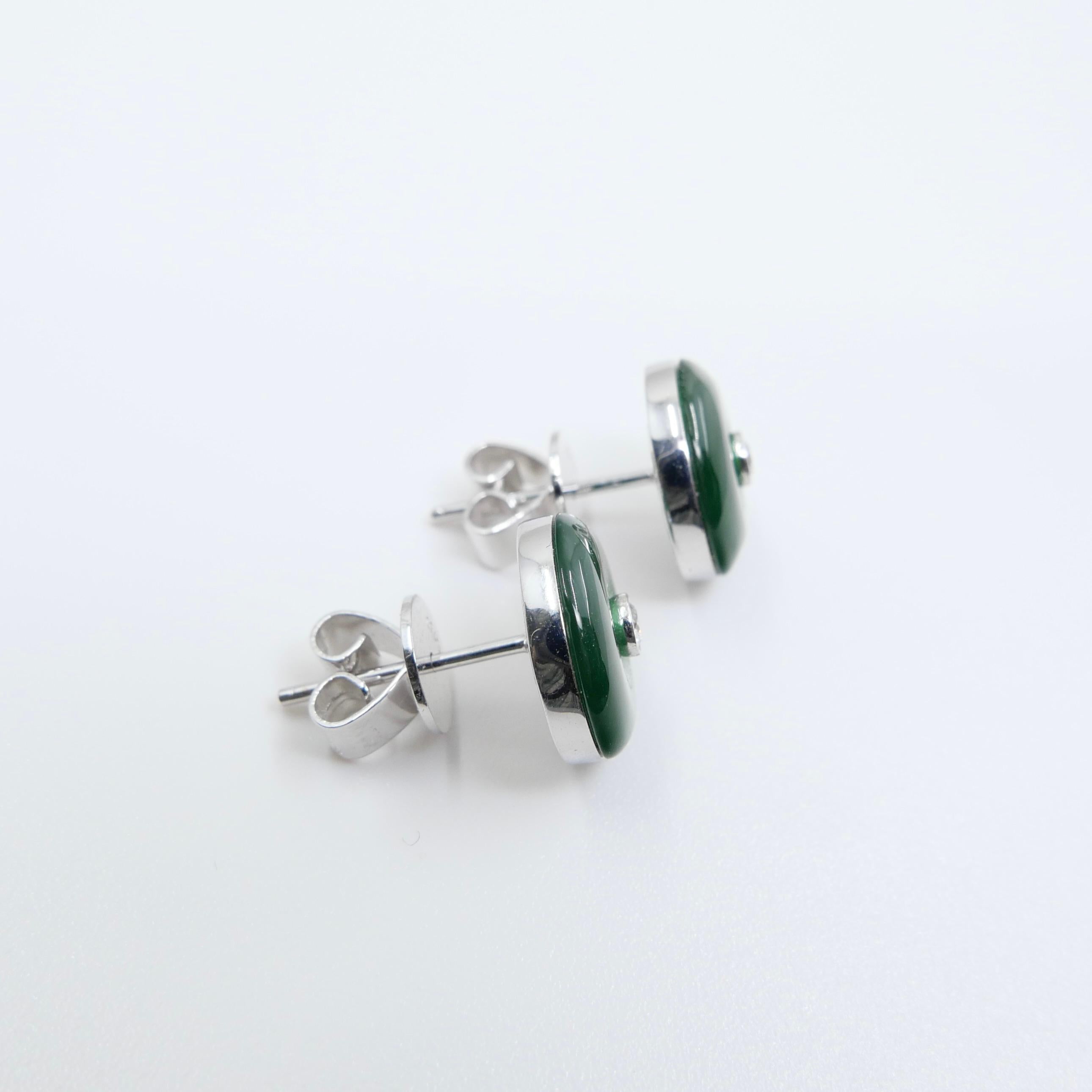 Certified Natural Type A Jadeite Jade And Diamond Earrings. Imperial Green Color For Sale 11