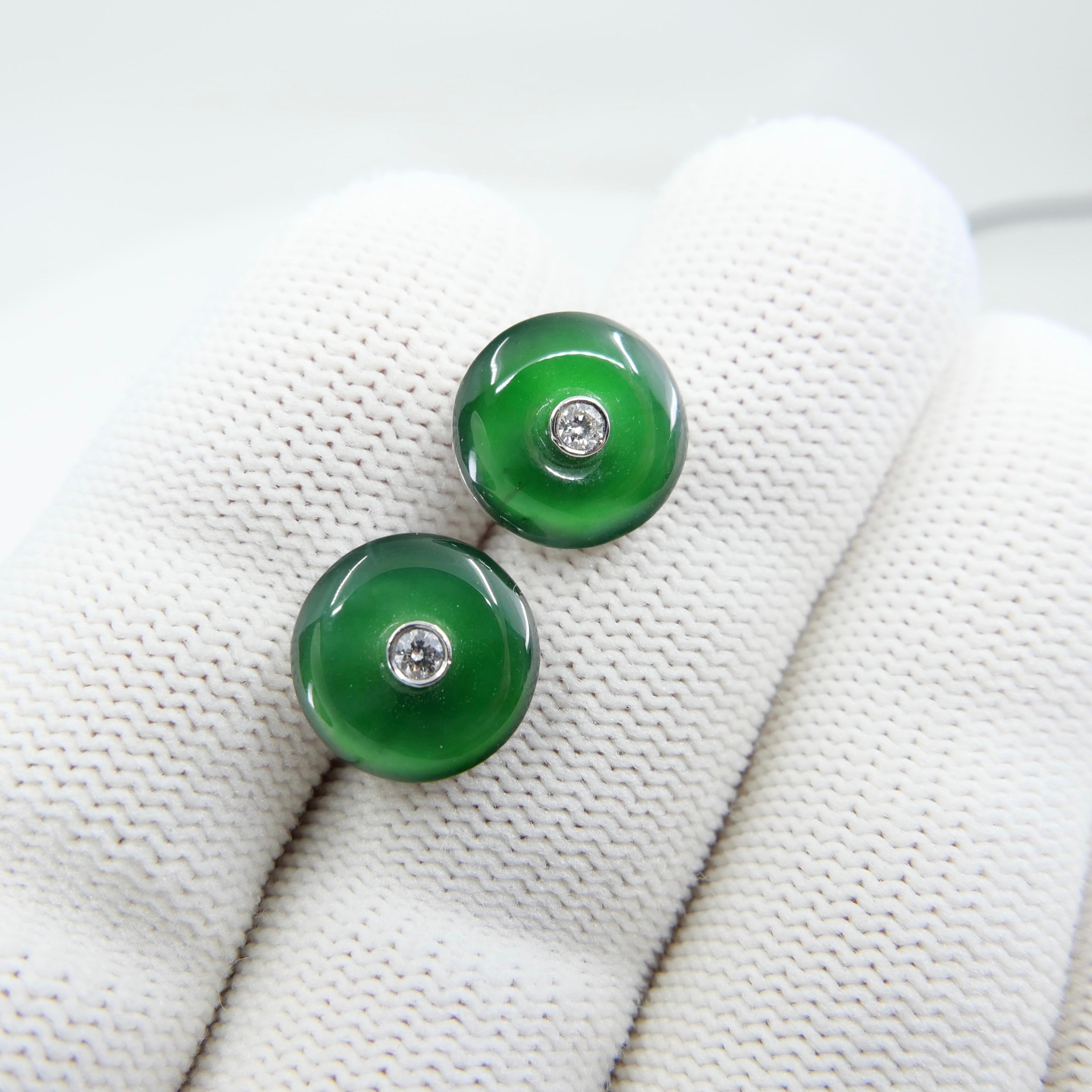 Round Cut Certified Natural Type A Jadeite Jade And Diamond Earrings. Imperial Green Color For Sale