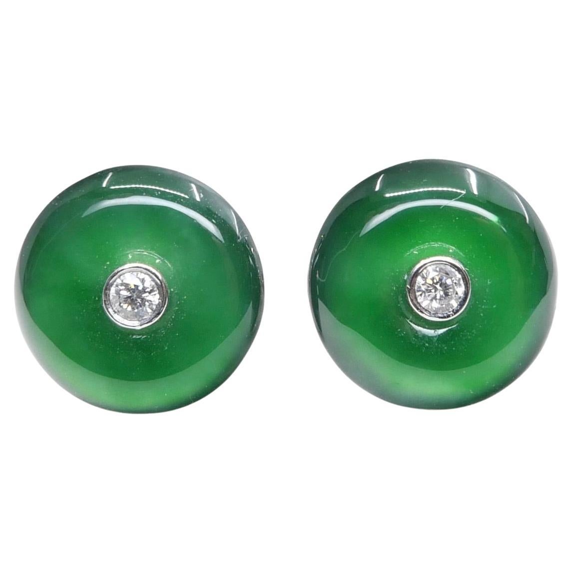 Certified Natural Type A Jadeite Jade And Diamond Earrings. Imperial Green Color For Sale
