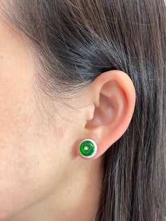 Certified Natural Type A Jadeite Jade and Diamond Earrings, Spinach Green Color
