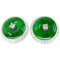 Certified Natural Type A Jadeite Jade and Diamond Earrings, Spinach Green Color