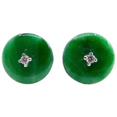 Certified Natural Type A Jadeite Jade and Diamond Earrings, Spinach Green