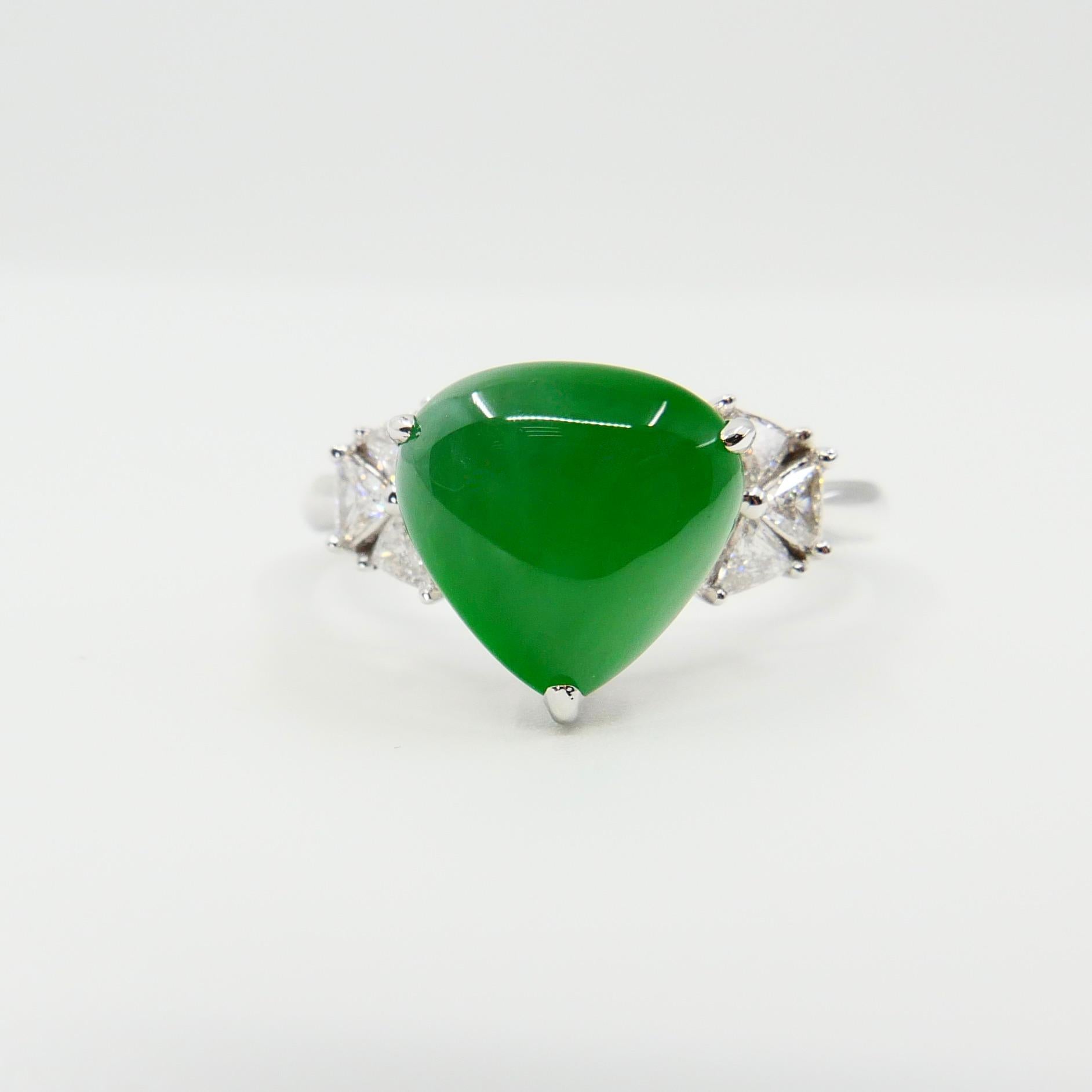 Certified Natural Type A Jadeite Jade & Diamond Cocktail Ring, Apple Green Color 3