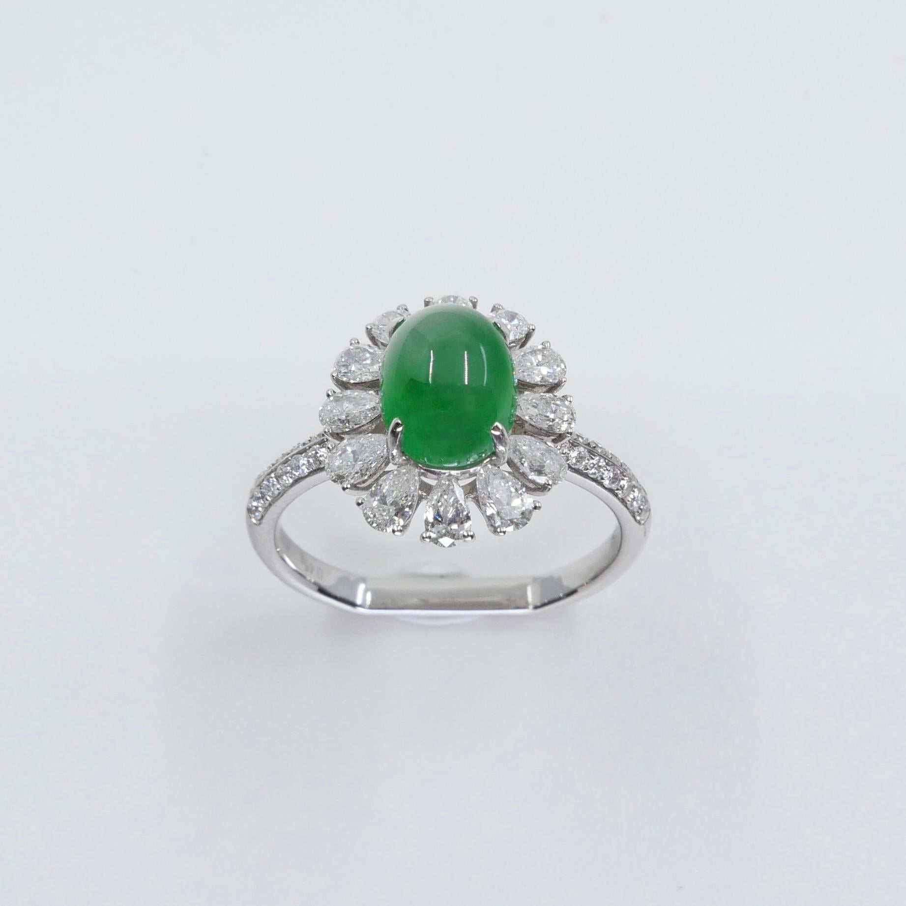Certified Natural Type A Jadeite Jade & Diamond Cocktail Ring, Apple Green Color For Sale 3