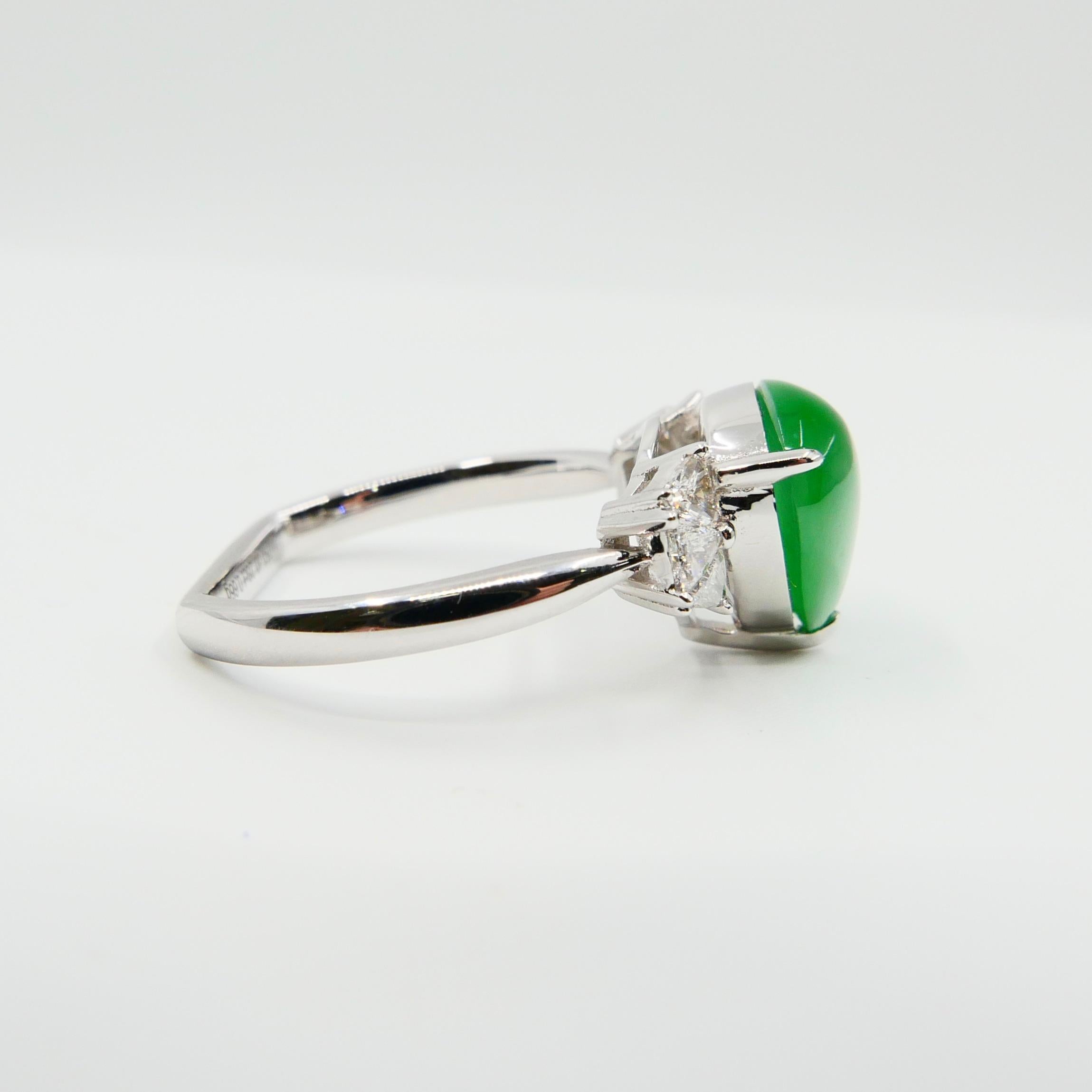 Certified Natural Type A Jadeite Jade & Diamond Cocktail Ring, Apple Green Color 6