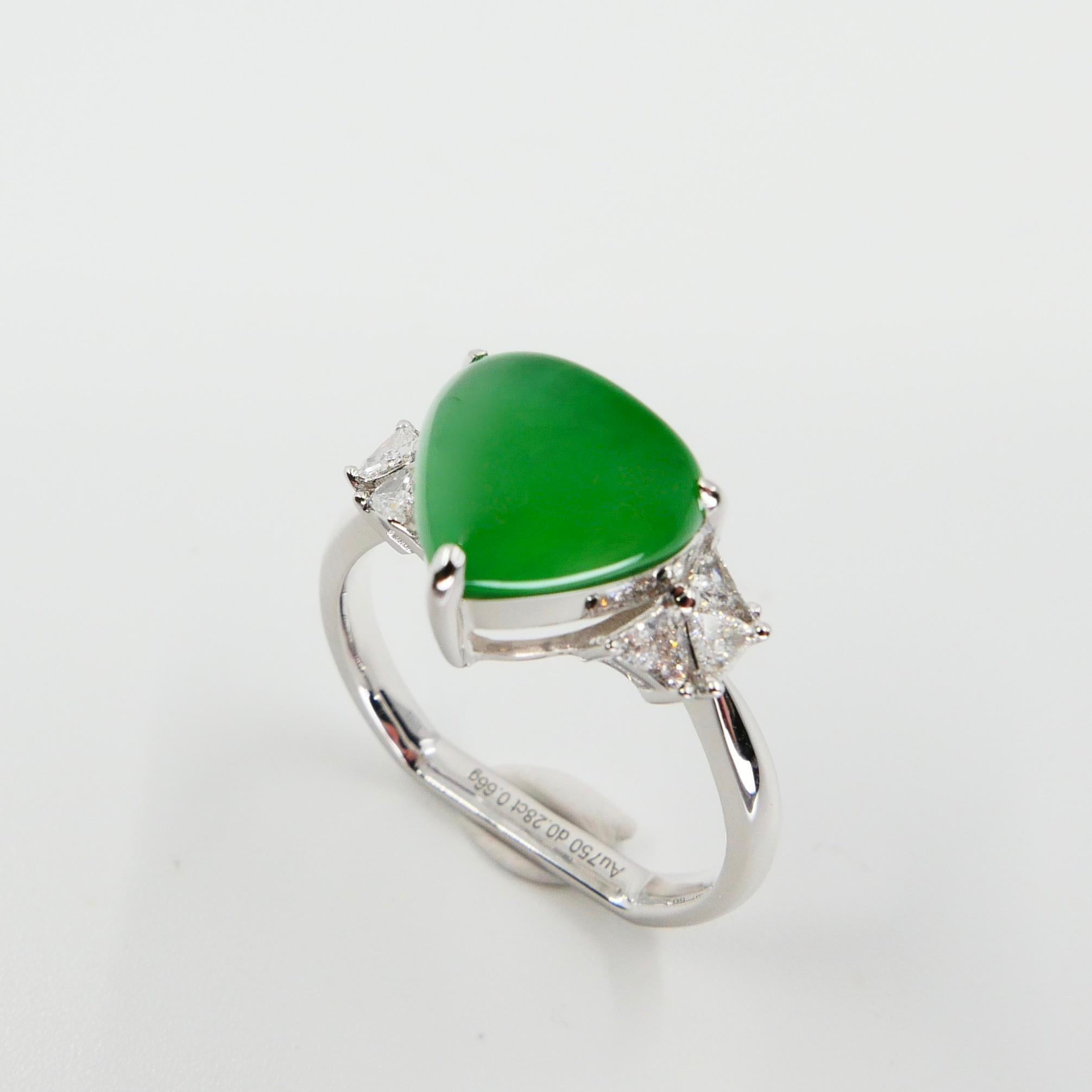Certified Natural Type A Jadeite Jade & Diamond Cocktail Ring, Apple Green Color 8