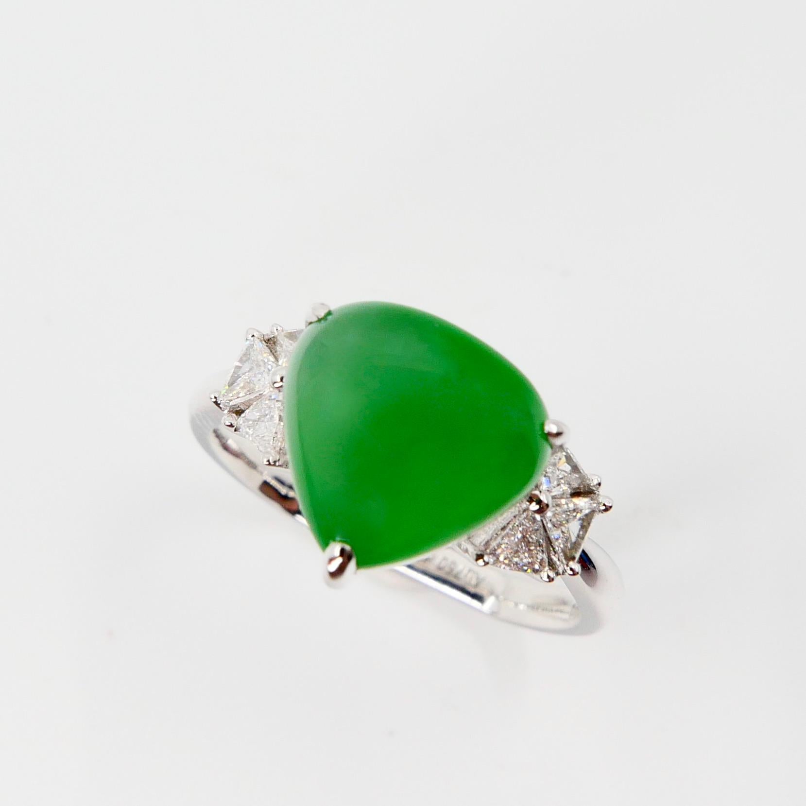 Certified Natural Type A Jadeite Jade & Diamond Cocktail Ring, Apple Green Color 9