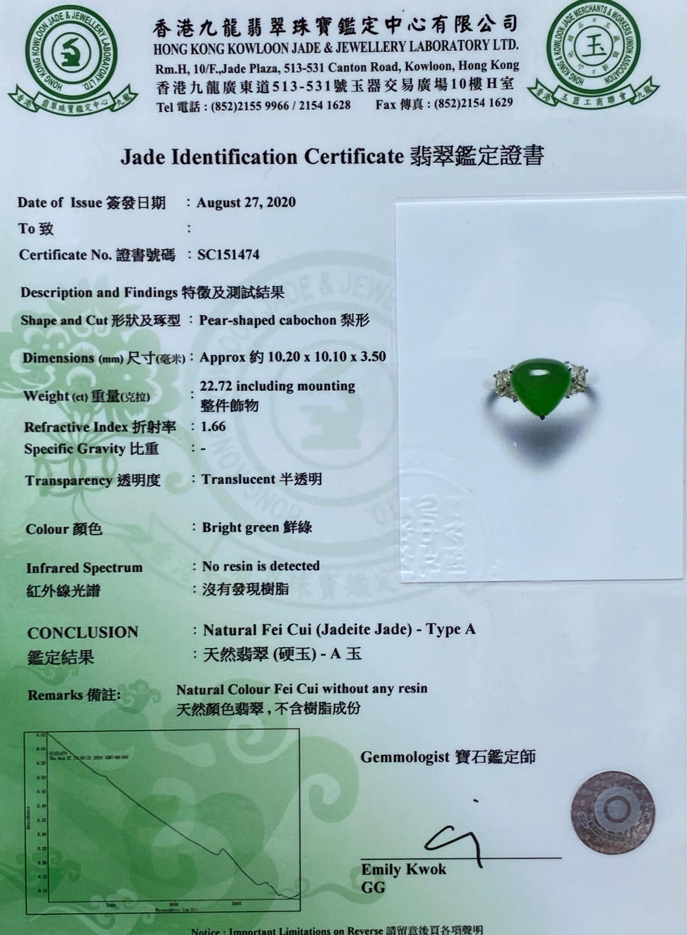 Certified Natural Type A Jadeite Jade & Diamond Cocktail Ring, Apple Green Color 10