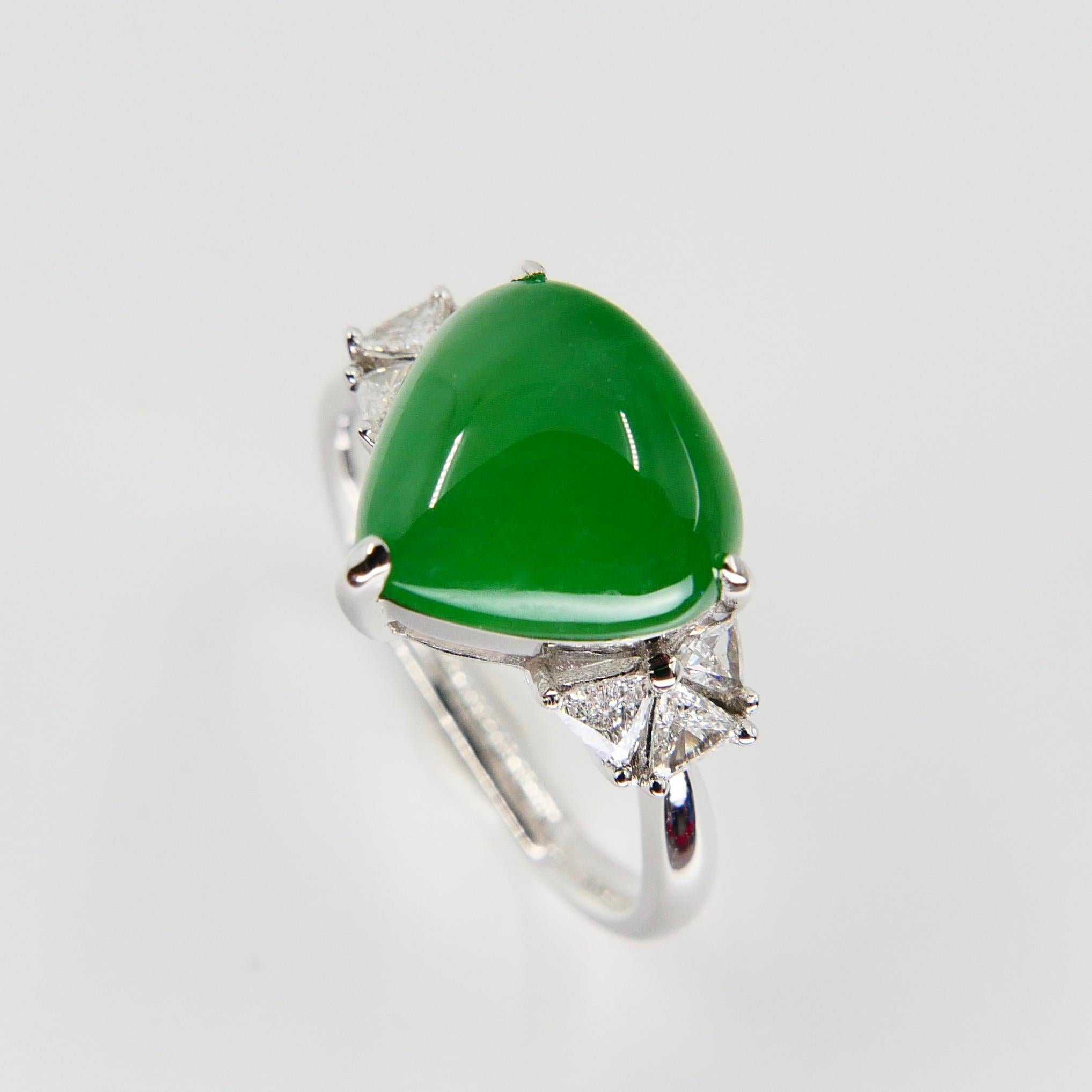 Trillion Cut Certified Natural Type A Jadeite Jade & Diamond Cocktail Ring, Apple Green Color