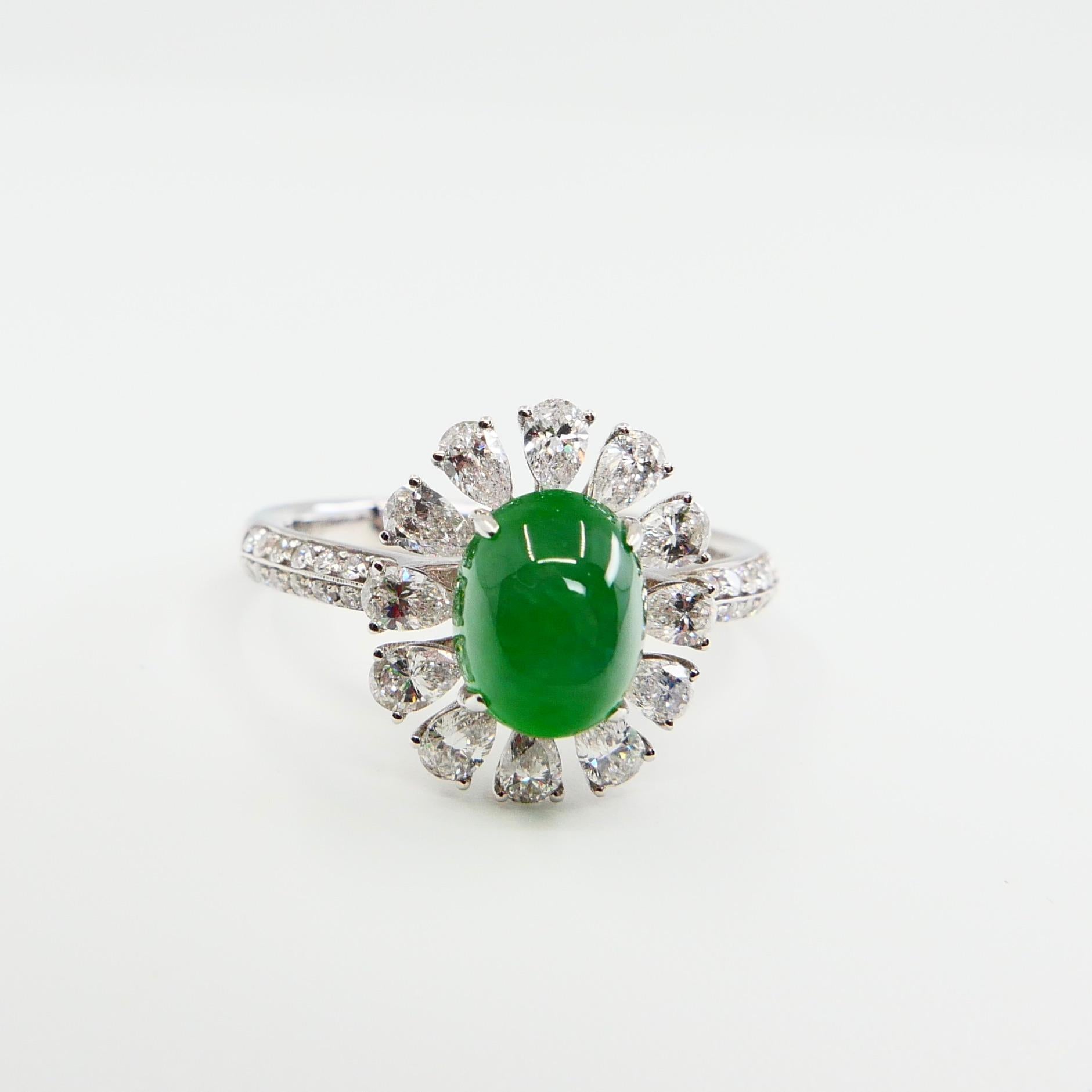 Women's Certified Natural Type A Jadeite Jade & Diamond Cocktail Ring, Apple Green Color For Sale