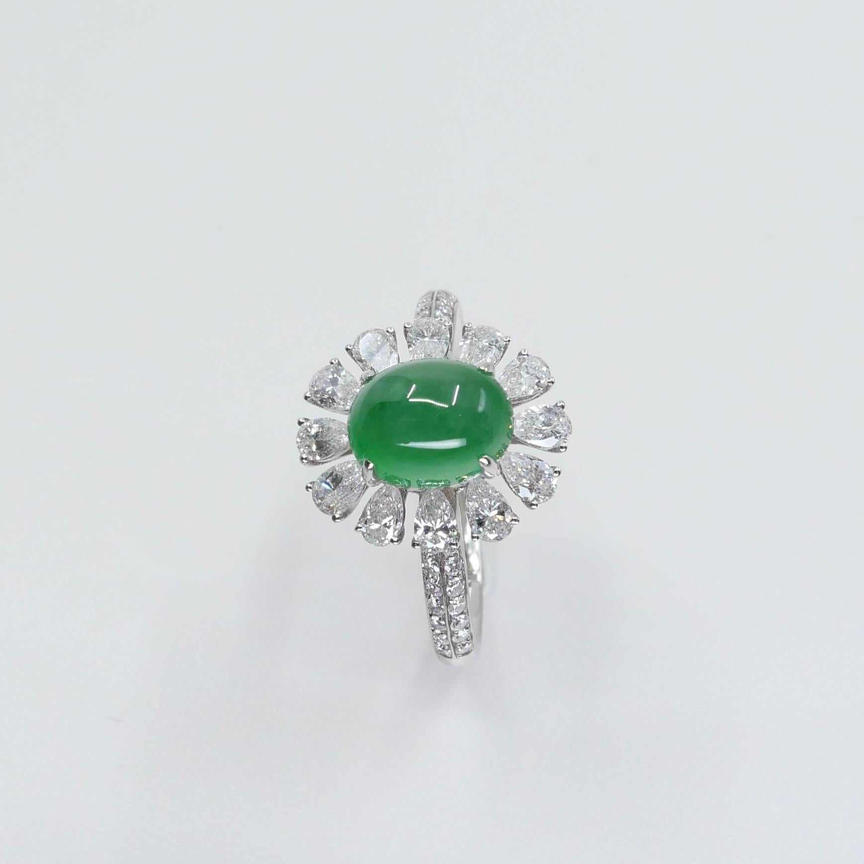 Cabochon Certified Natural Type A Jadeite Jade & Diamond Cocktail Ring, Apple Green Color For Sale