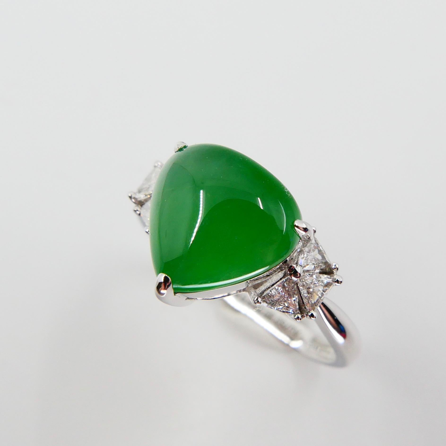 Certified Natural Type A Jadeite Jade & Diamond Cocktail Ring, Apple Green Color 1