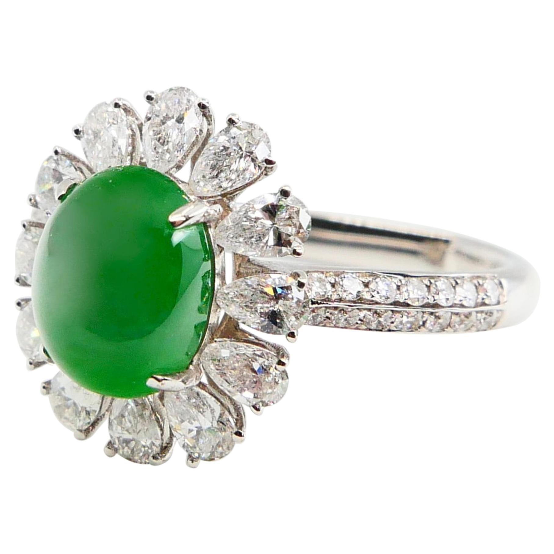 Certified Natural Type A Jadeite Jade & Diamond Cocktail Ring, Apple Green Color For Sale 7